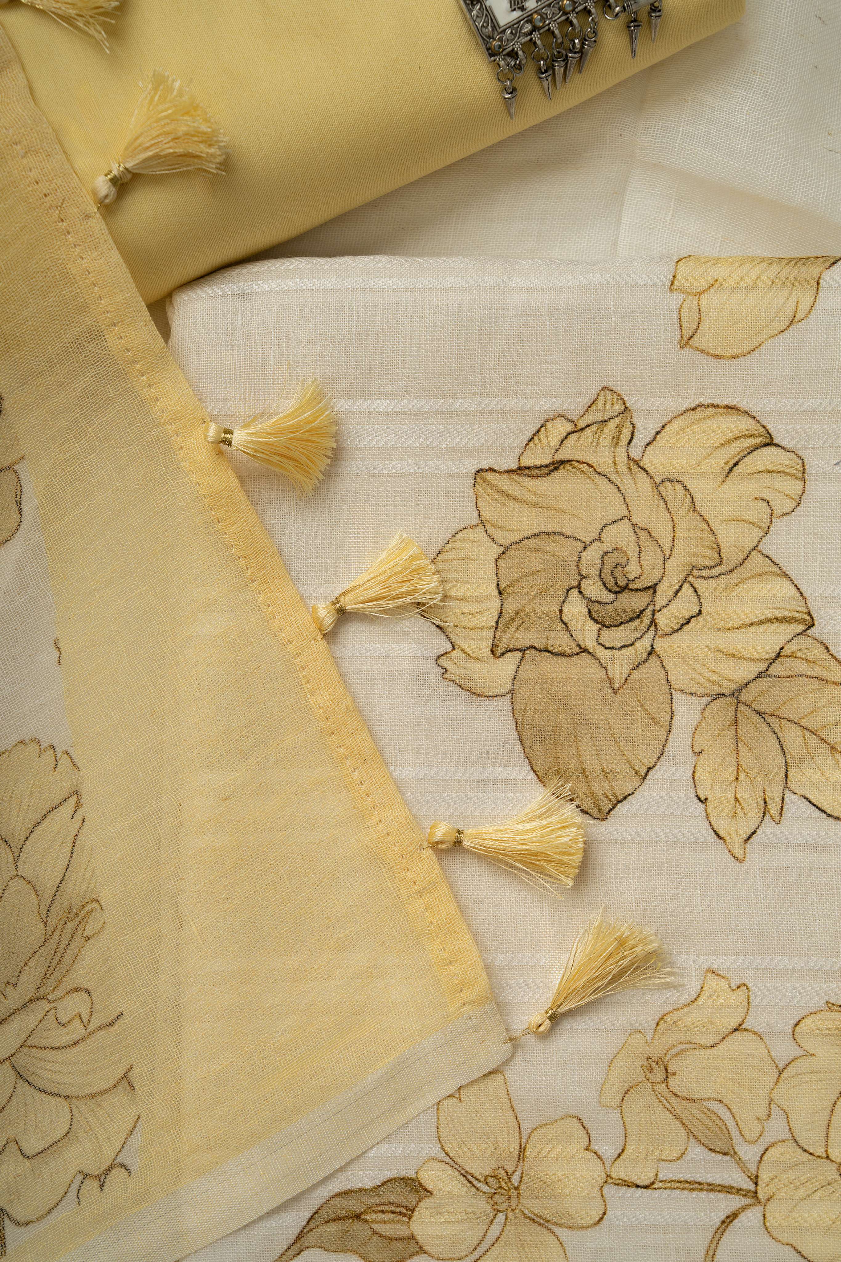 White and yellow self weaving Linen Digital Print Froral Suit Material