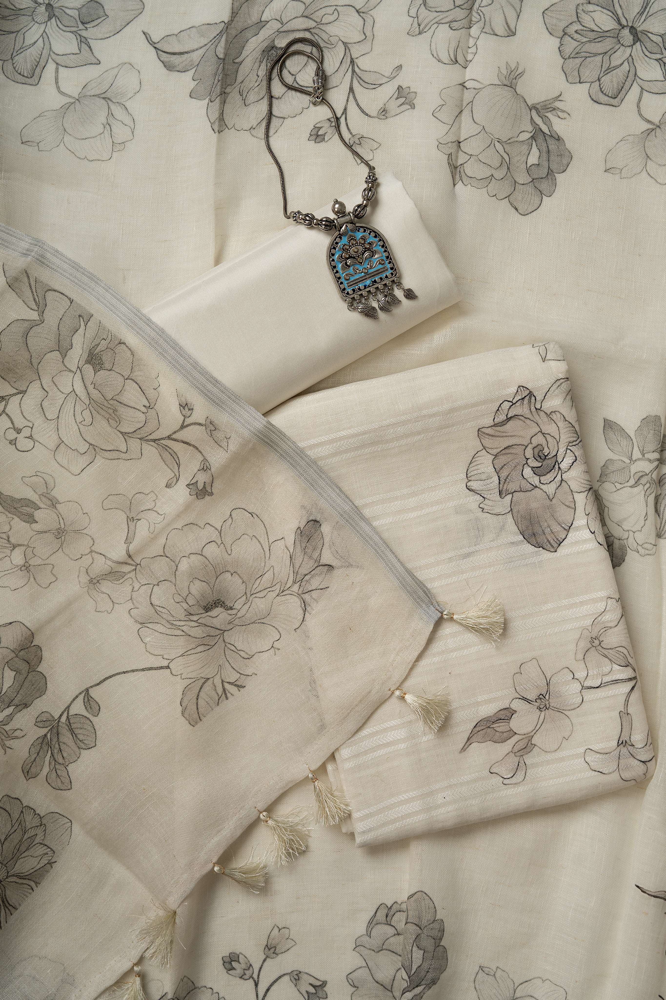 White and Grey self weaving  Linen Digital Print Froral Suit Material
