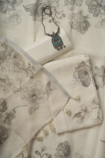 White and Grey self weaving  Linen Digital Print Froral Suit Material