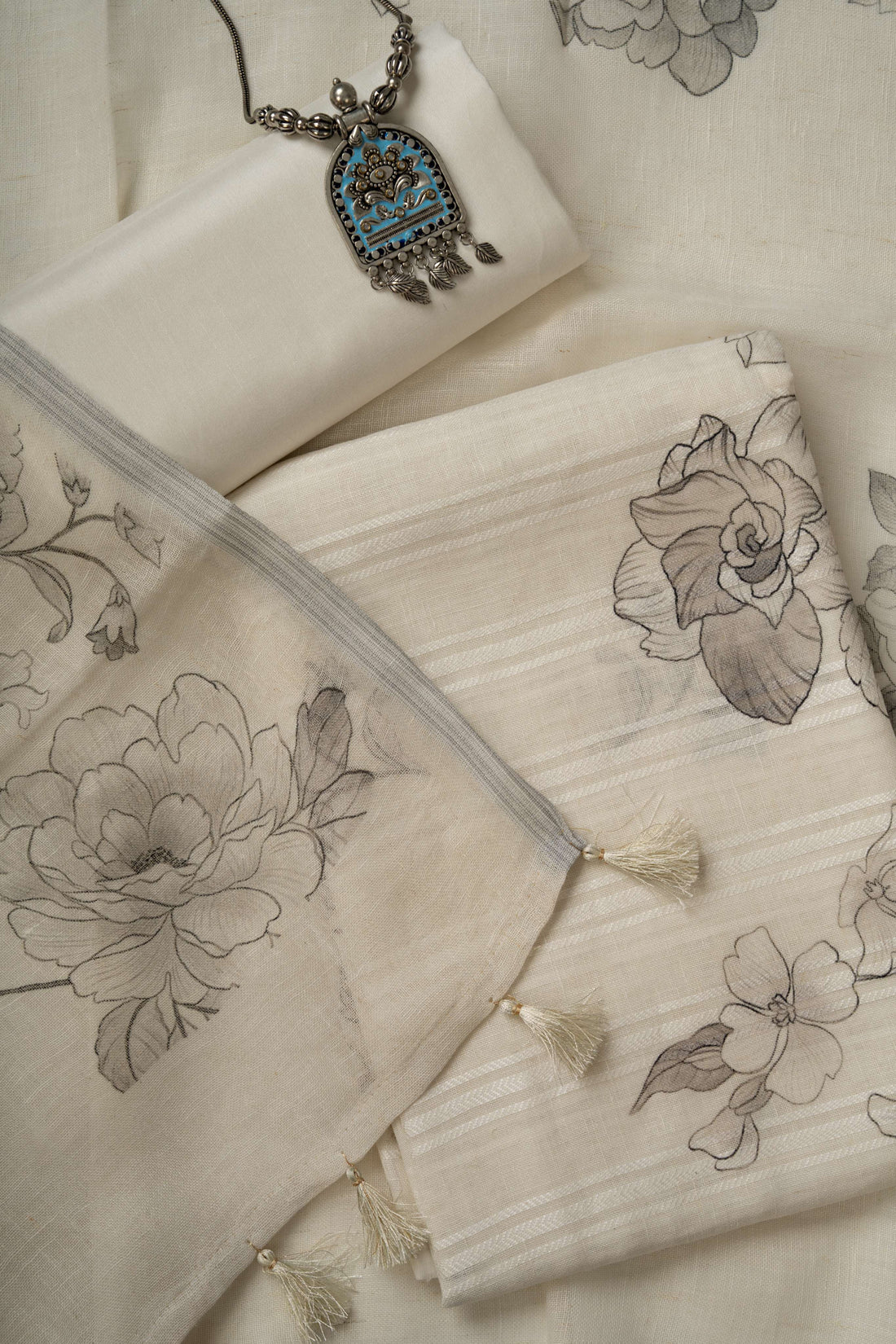 White and Grey self weaving  Linen Digital Print Froral Suit Material