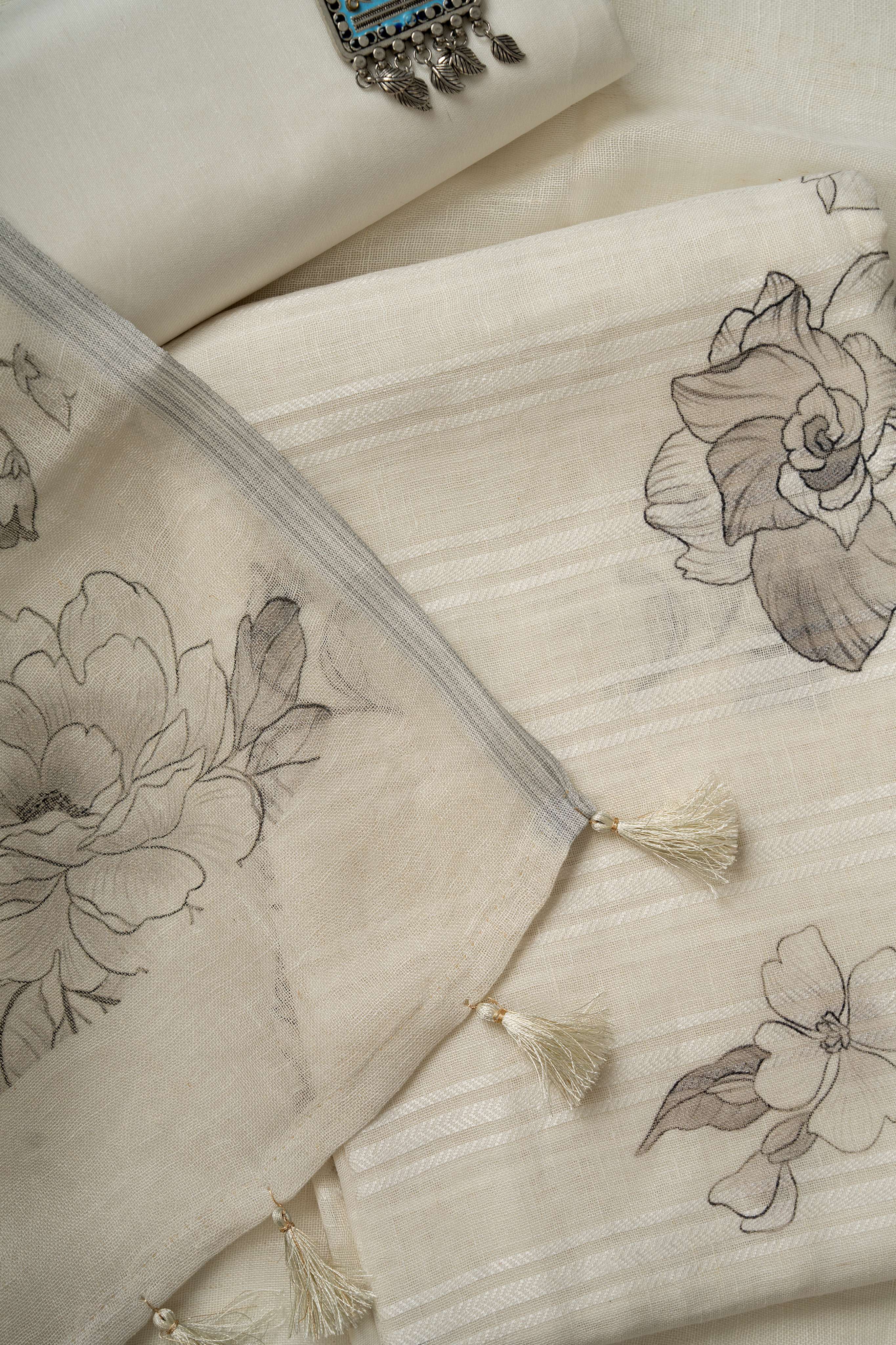 White and Grey self weaving  Linen Digital Print Froral Suit Material