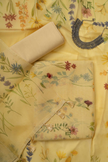 Pale Yellow Floral Digital Print Pure Organza Suit Material