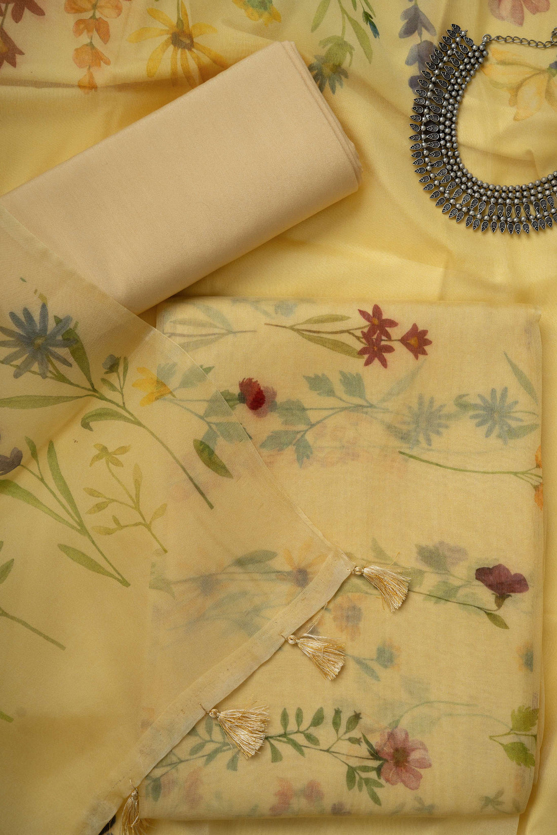 Pale Yellow Floral Digital Print Pure Organza Suit Material