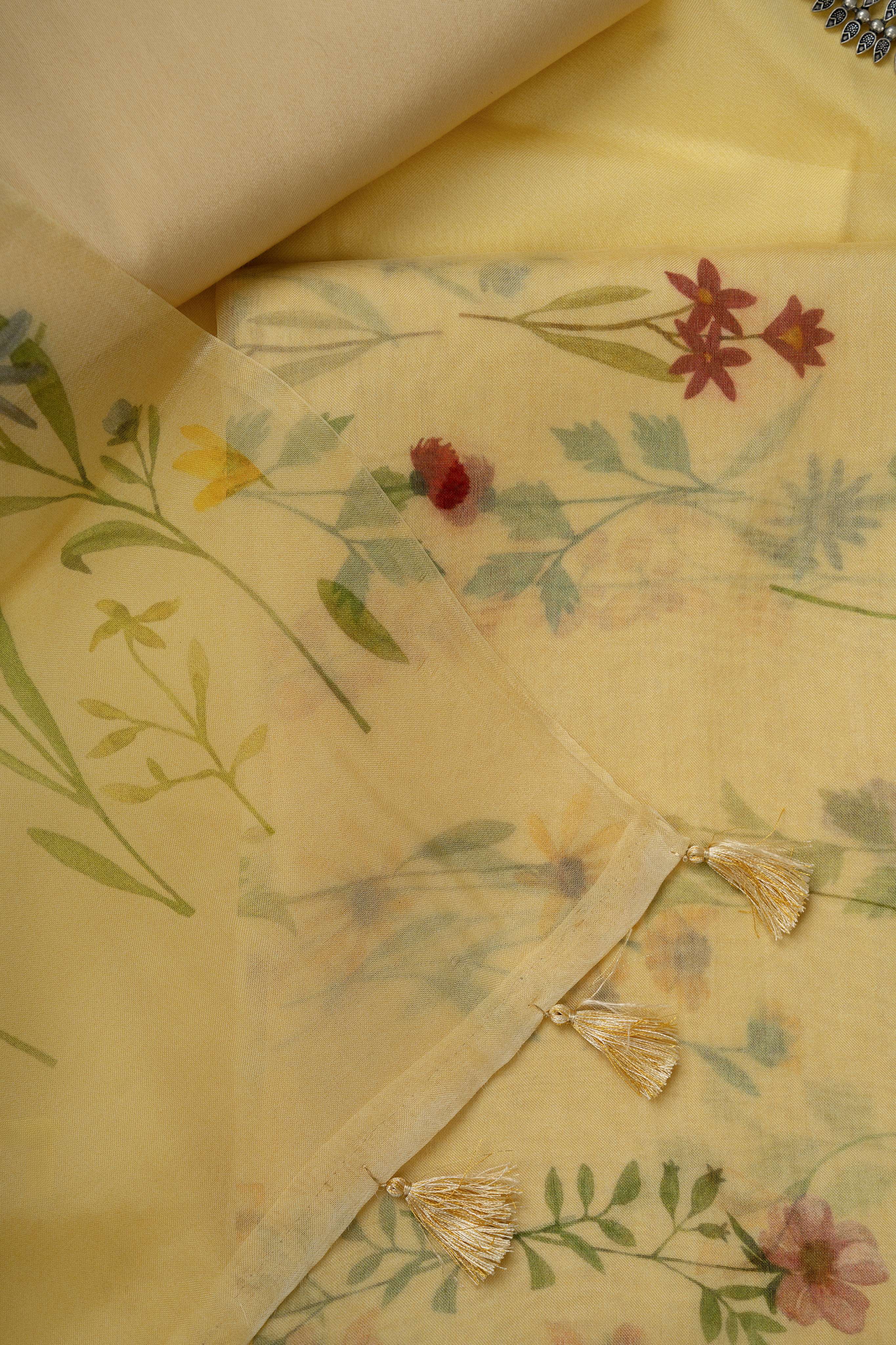 Pale Yellow Floral Digital Print Pure Organza Suit Material