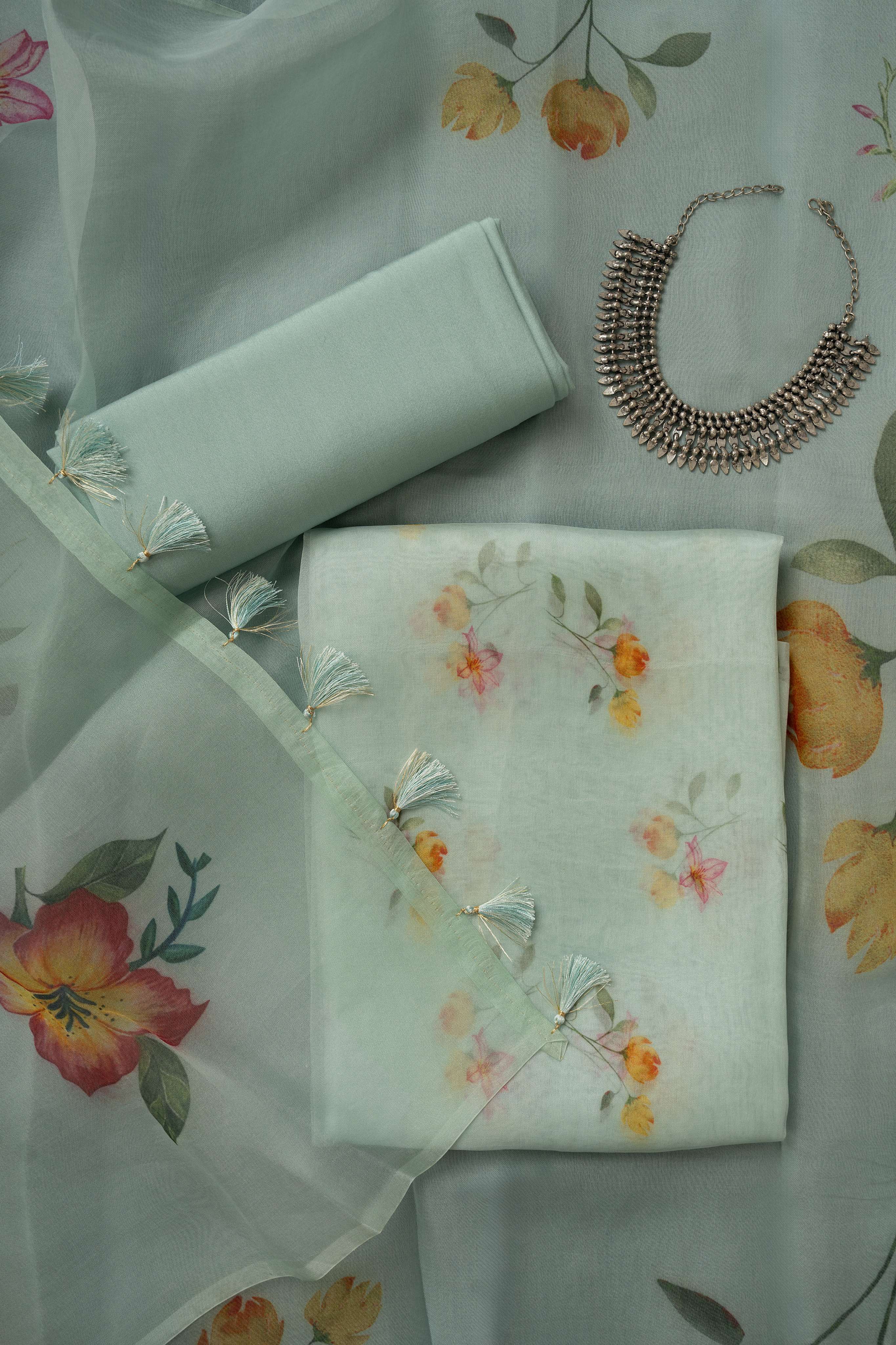 Ice Blue Floral Digital Print Pure Organza Suit Material