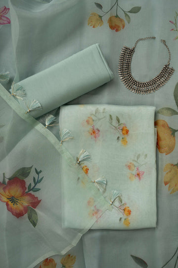 Ice Blue Floral Digital Print Pure Organza Suit Material