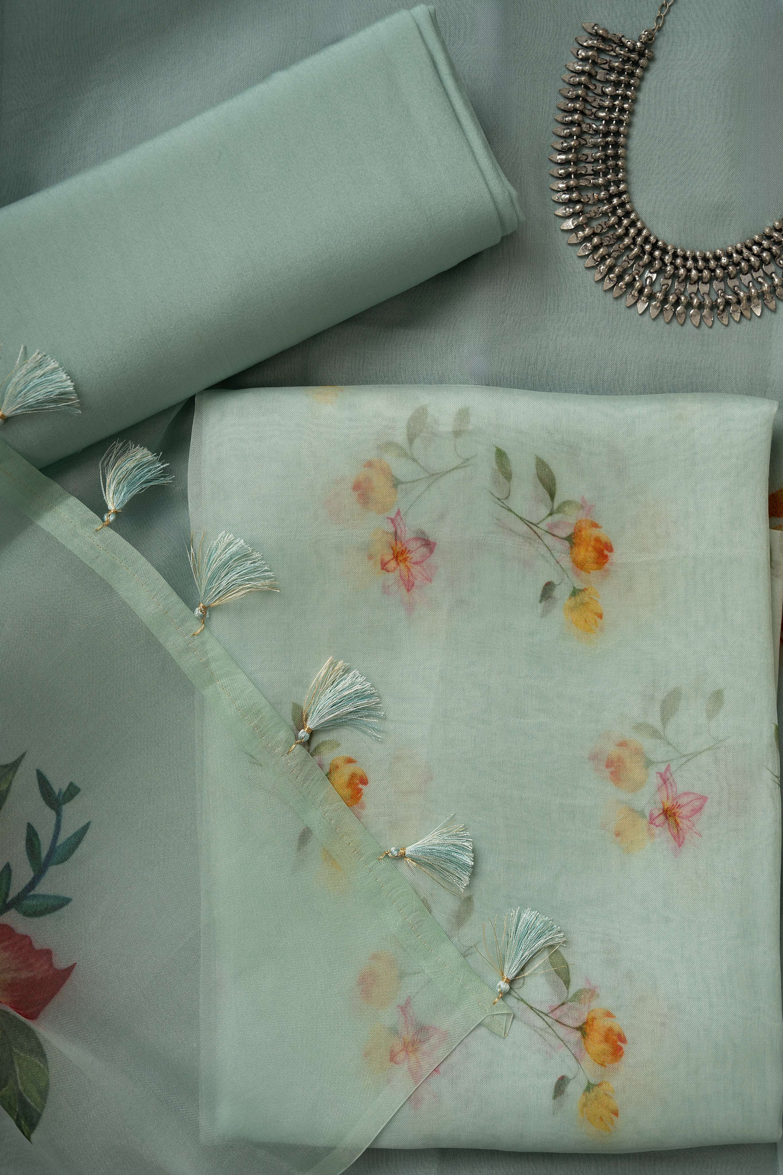 Ice Blue Floral Digital Print Pure Organza Suit Material