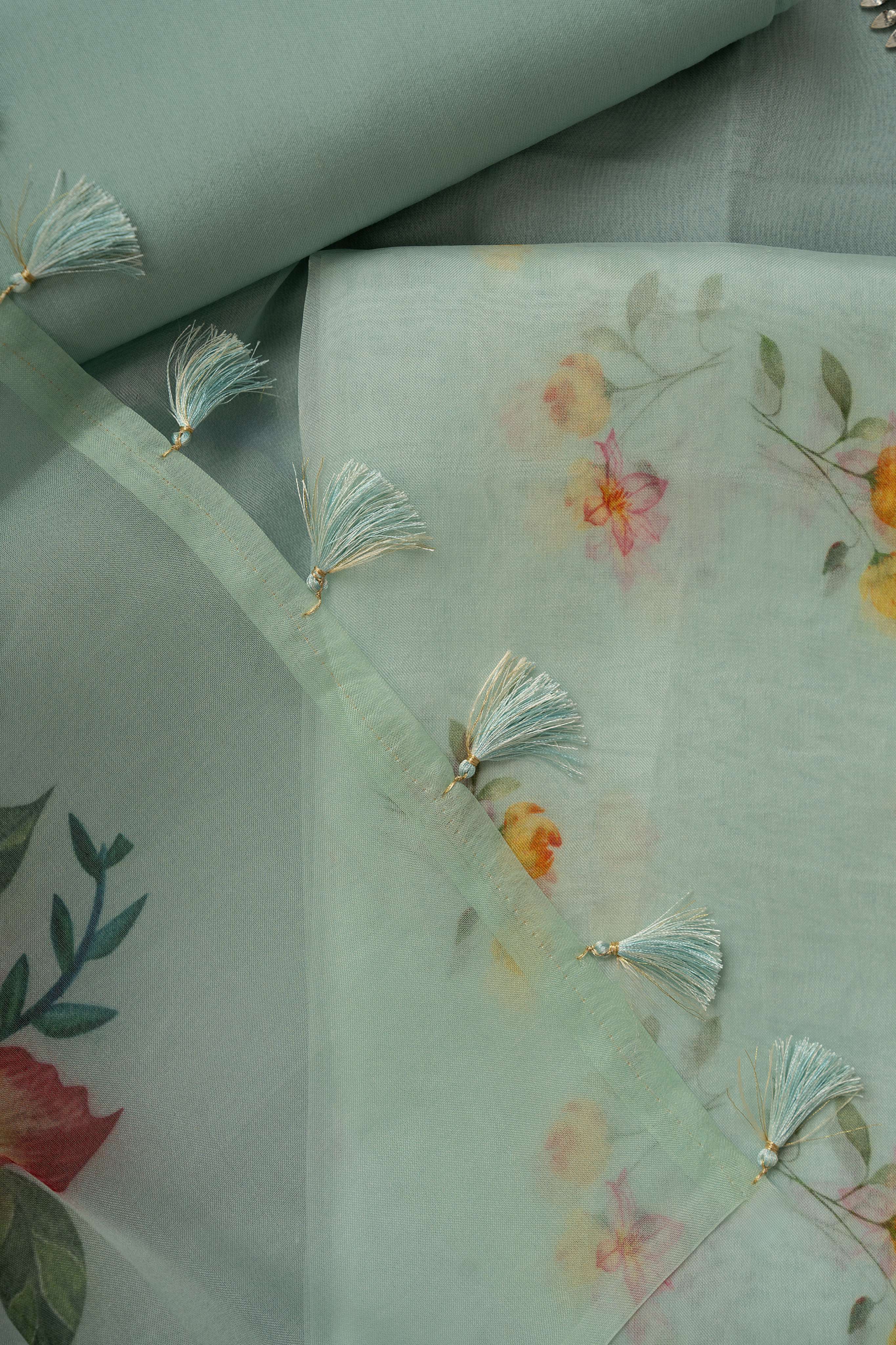 Ice Blue Floral Digital Print Pure Organza Suit Material