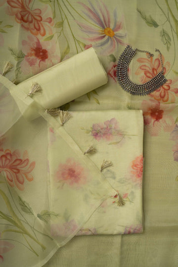 Pale Green Floral Digital Print Pure Organza Suit Material