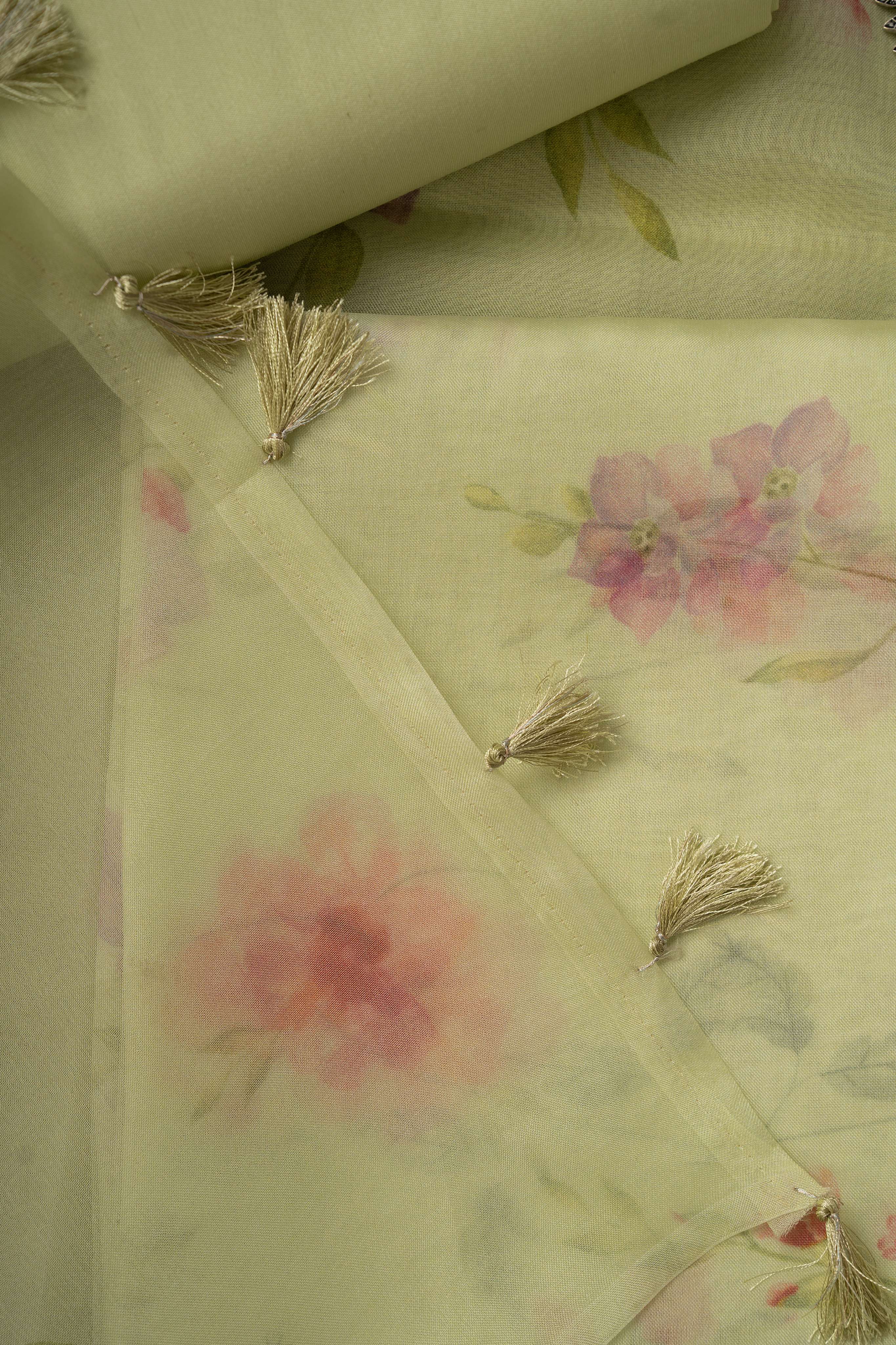 Pale Green Floral Digital Print Pure Organza Suit Material