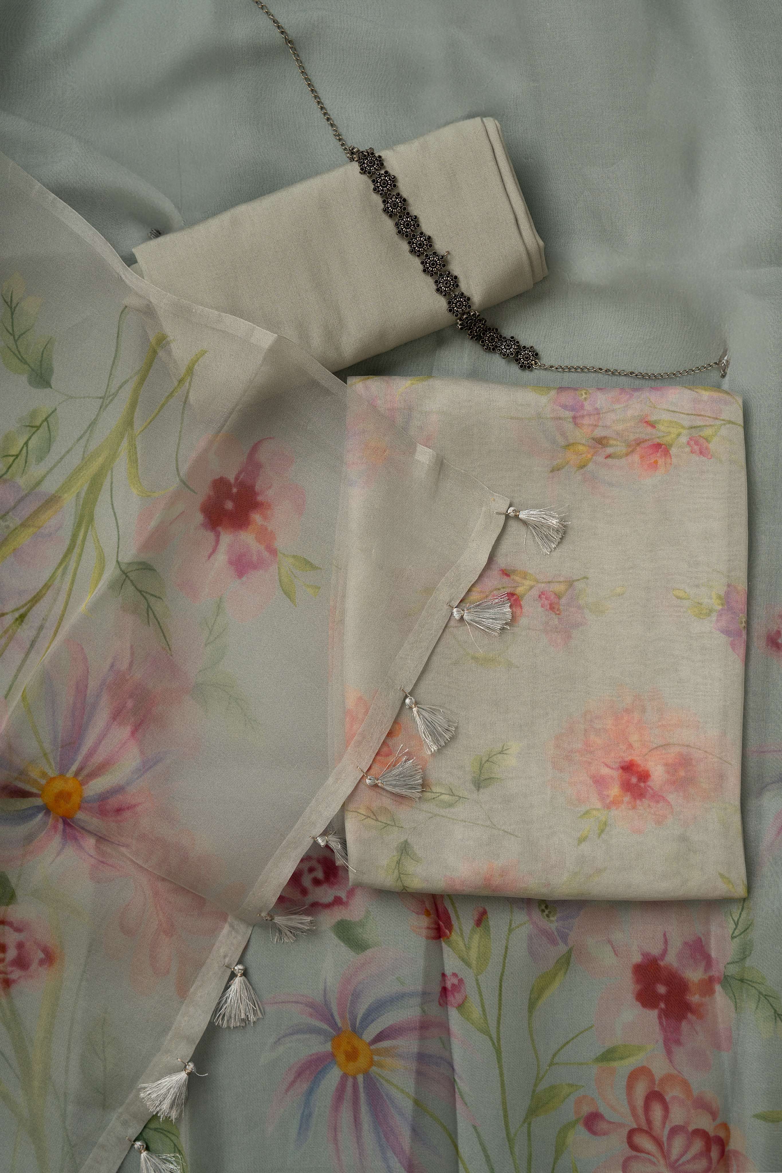 Light Grey Floral Digital Print Pure Organza Suit Material