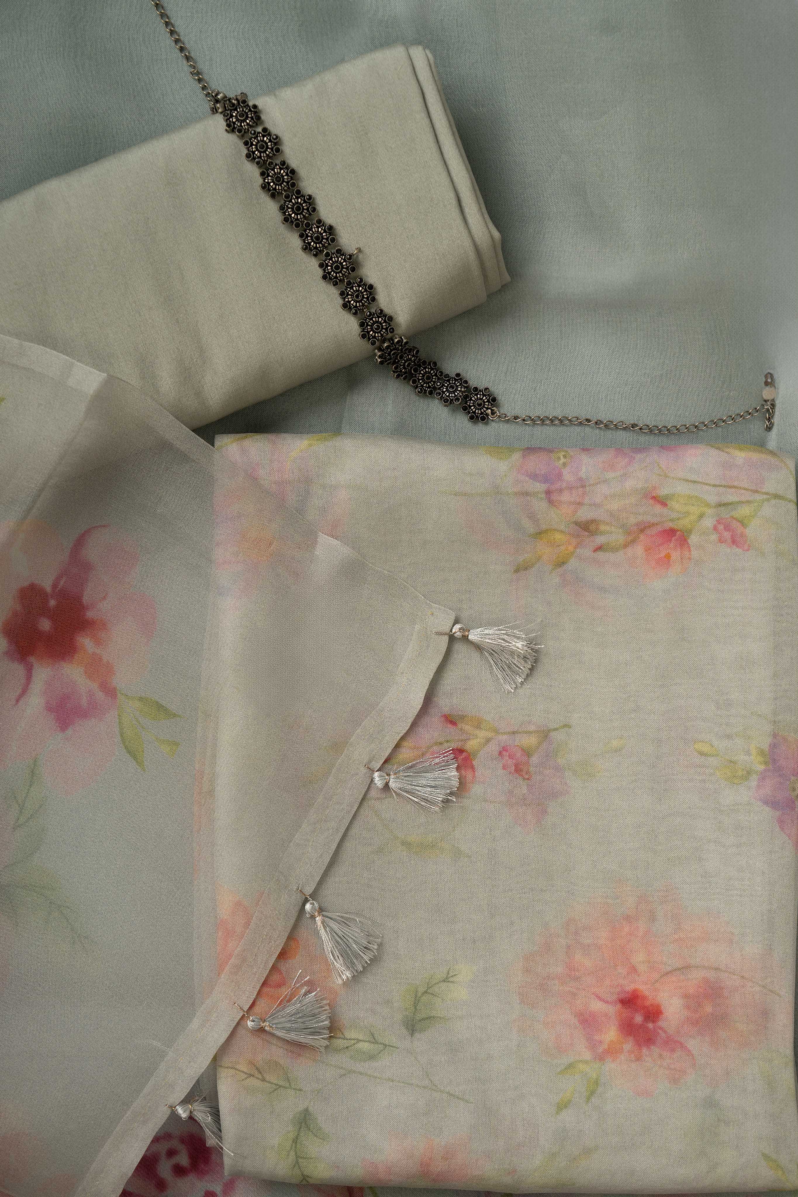 Light Grey Floral Digital Print Pure Organza Suit Material