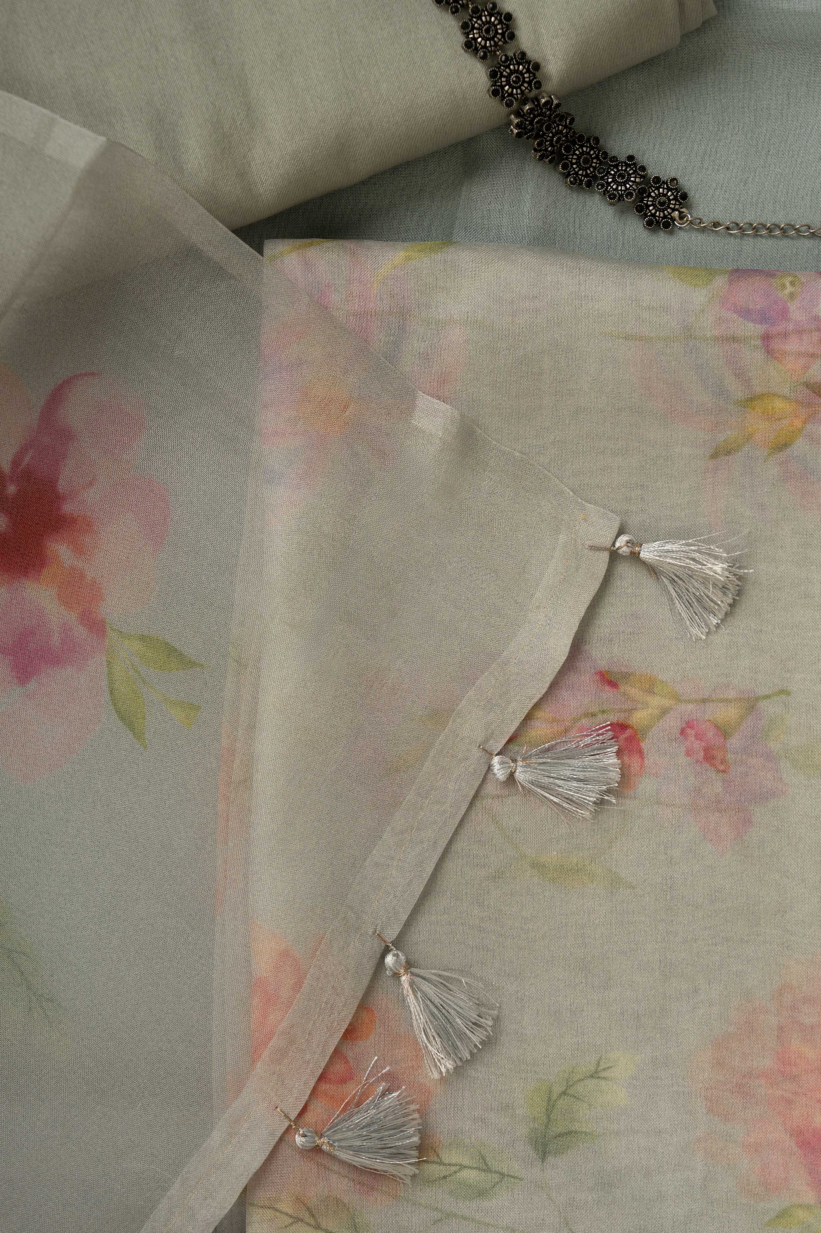 Light Grey Floral Digital Print Pure Organza Suit Material