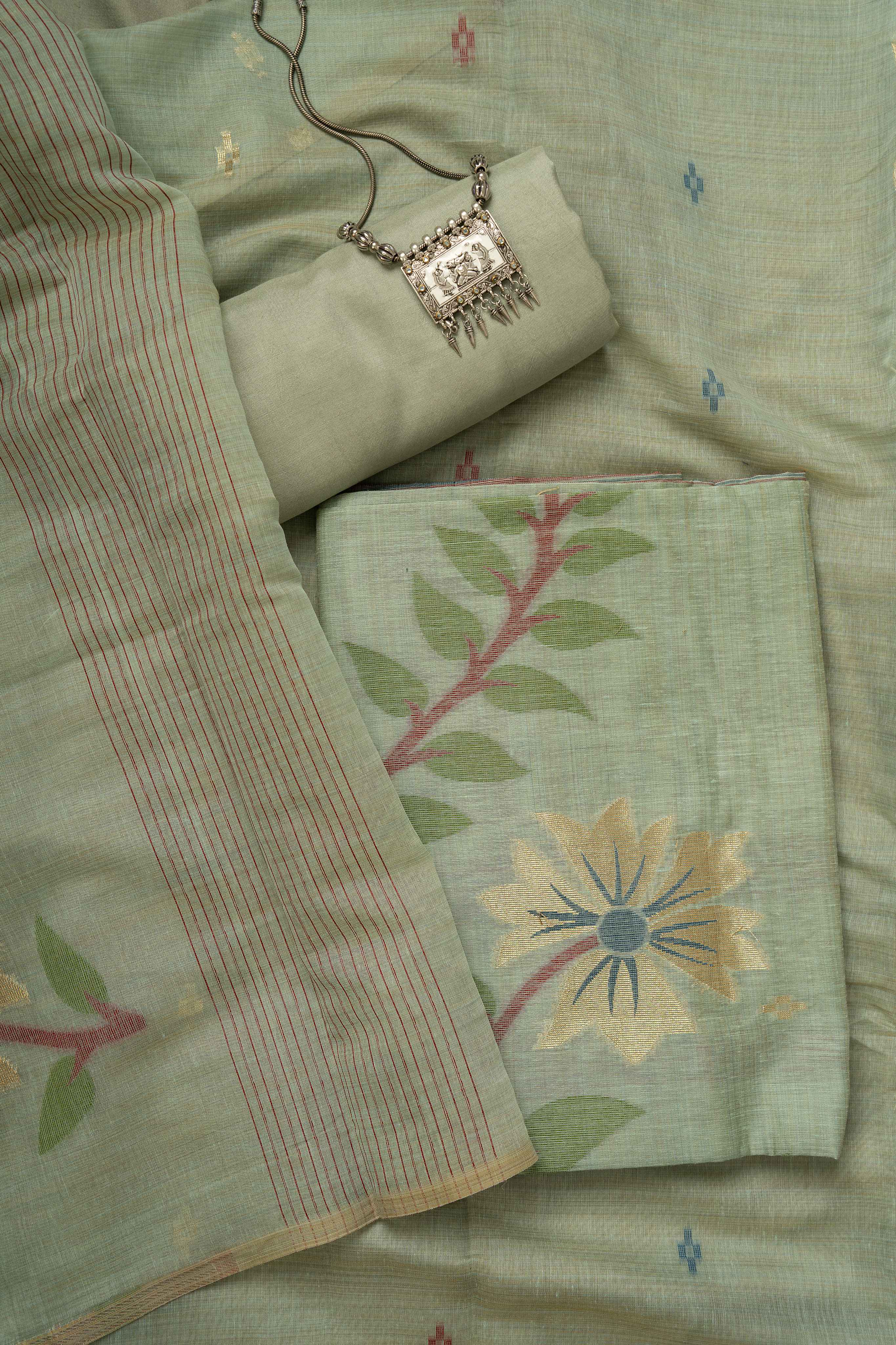 Light Olive Green Chanderi Weaving Jamdaani Suit Material
