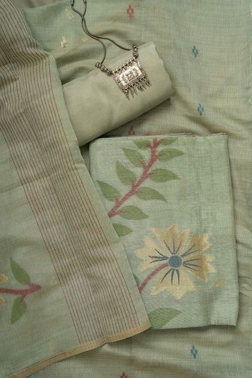 Light Olive Green Chanderi Weaving Jamdaani Suit Material