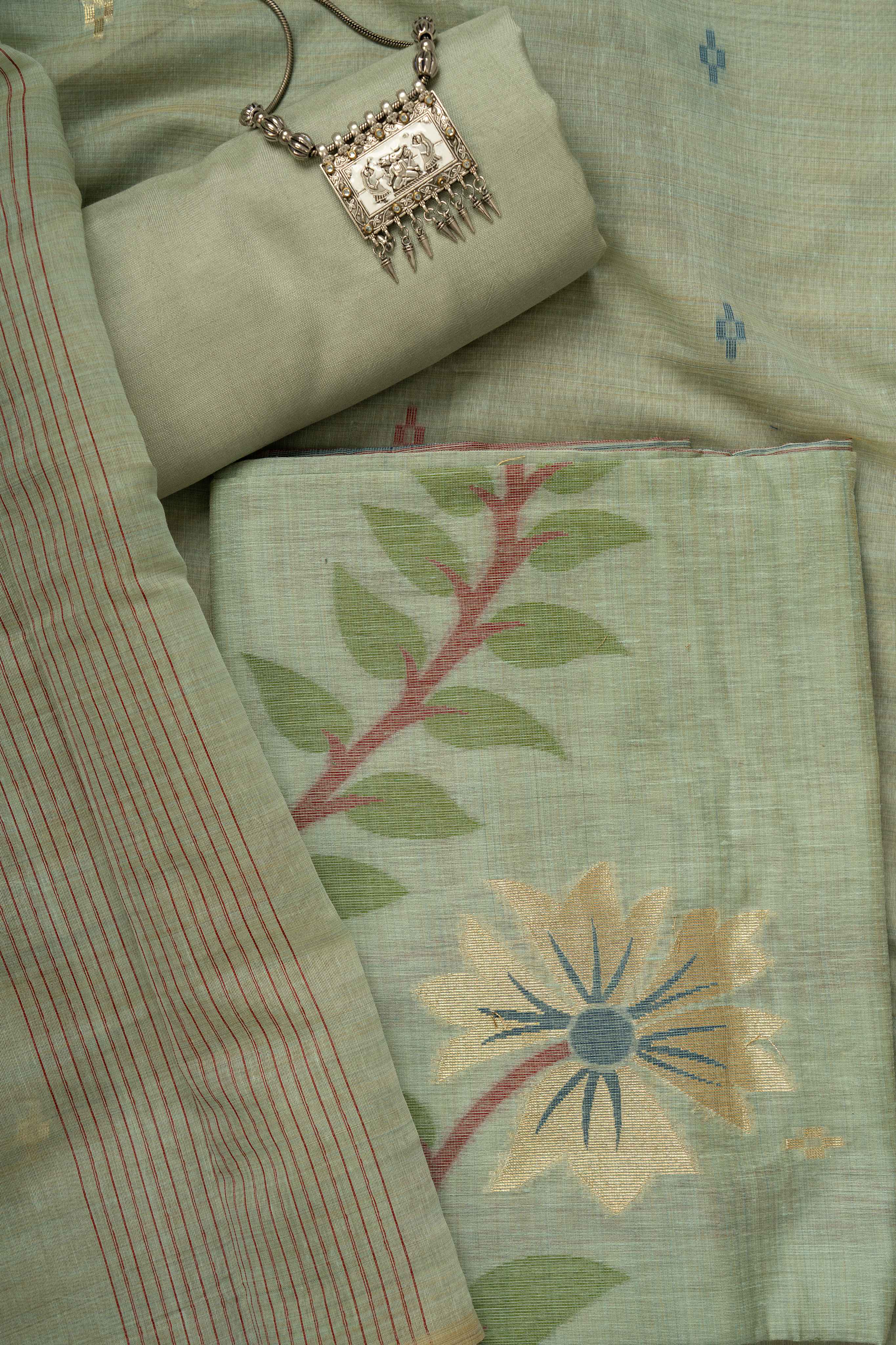 Light Olive Green Chanderi Weaving Jamdaani Suit Material