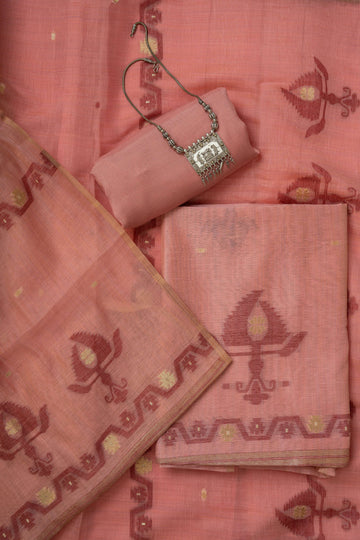 Coral color Jamdaani Weaving Chanderi unstitched Suit Material