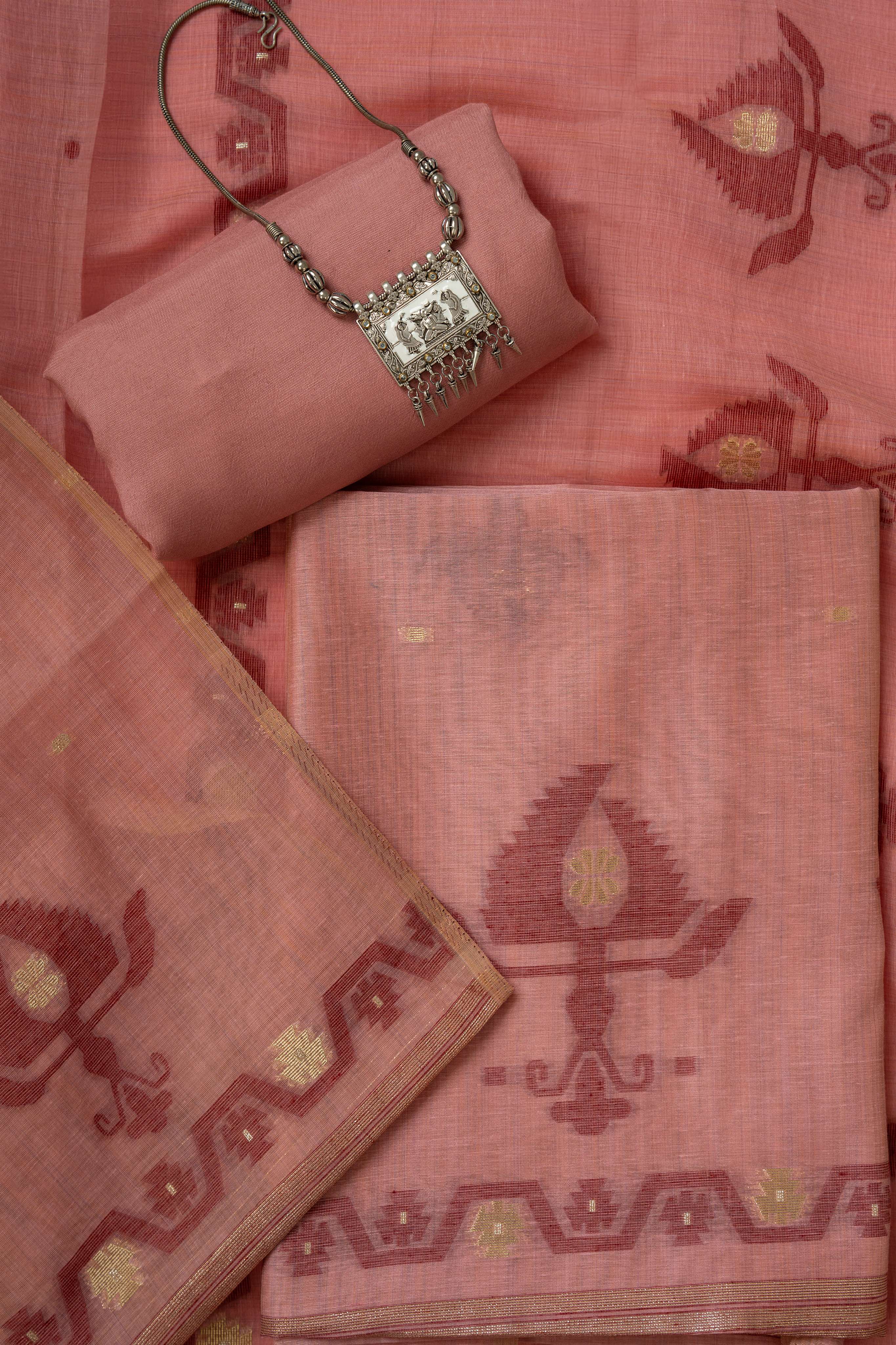Coral color Jamdaani Weaving Chanderi unstitched Suit Material