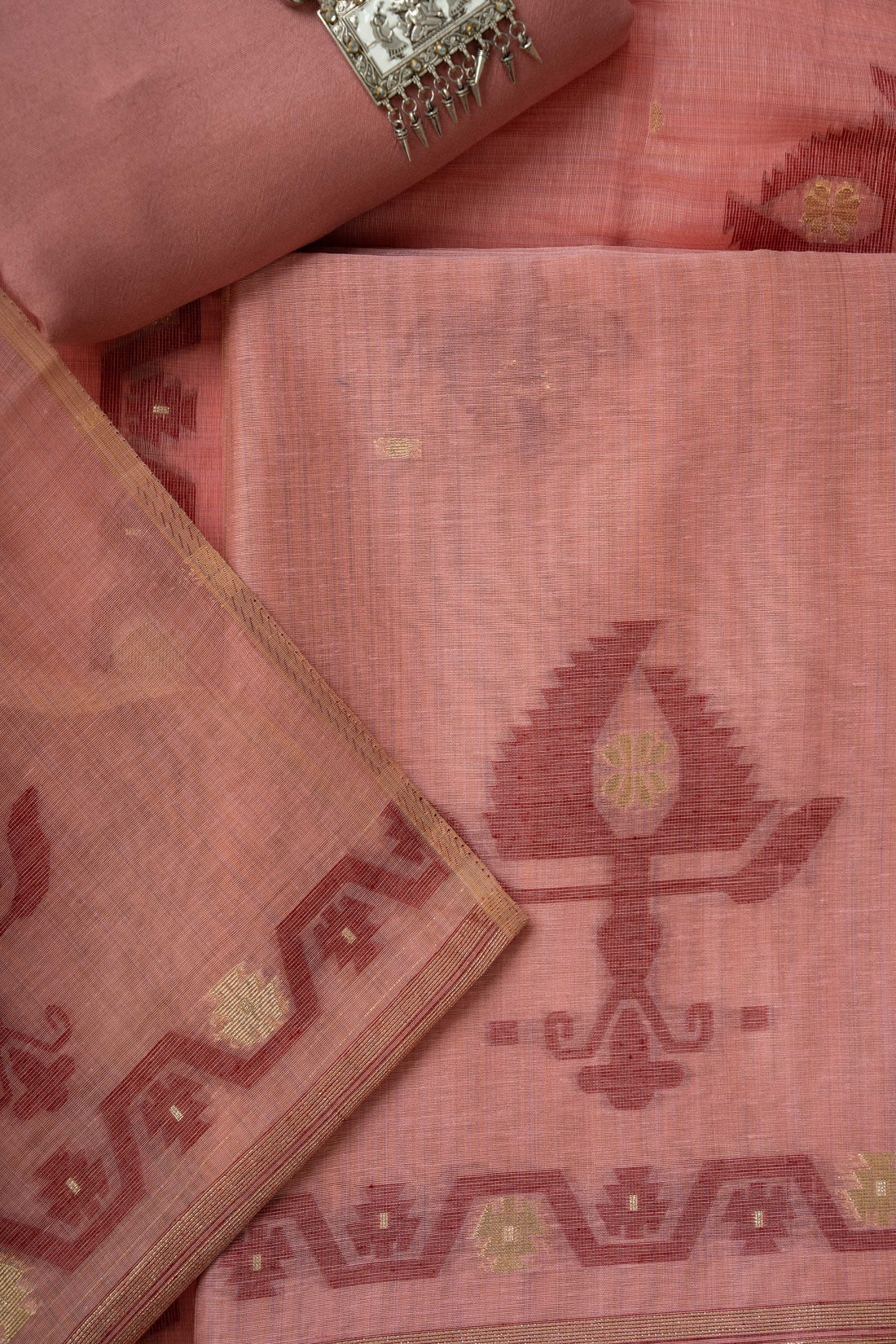 Coral color Jamdaani Weaving Chanderi unstitched Suit Material