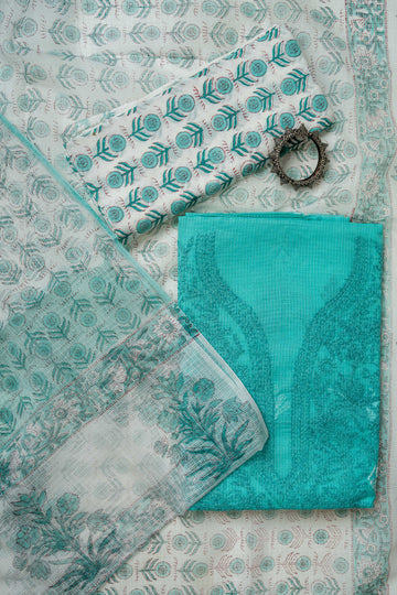 Soft Cyan and White Tepchi Work on Kota Doria Suit material
