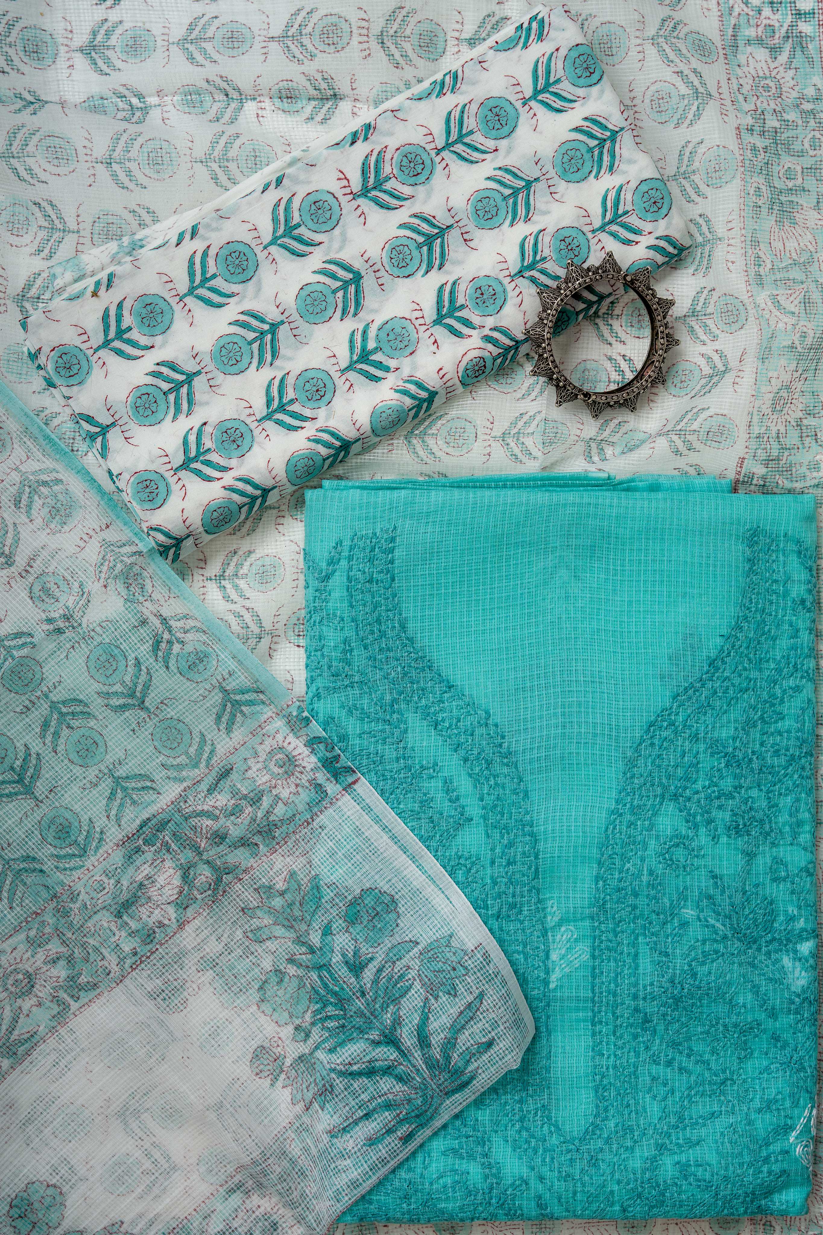 Soft Cyan and White Tepchi Work on Kota Doria Suit material
