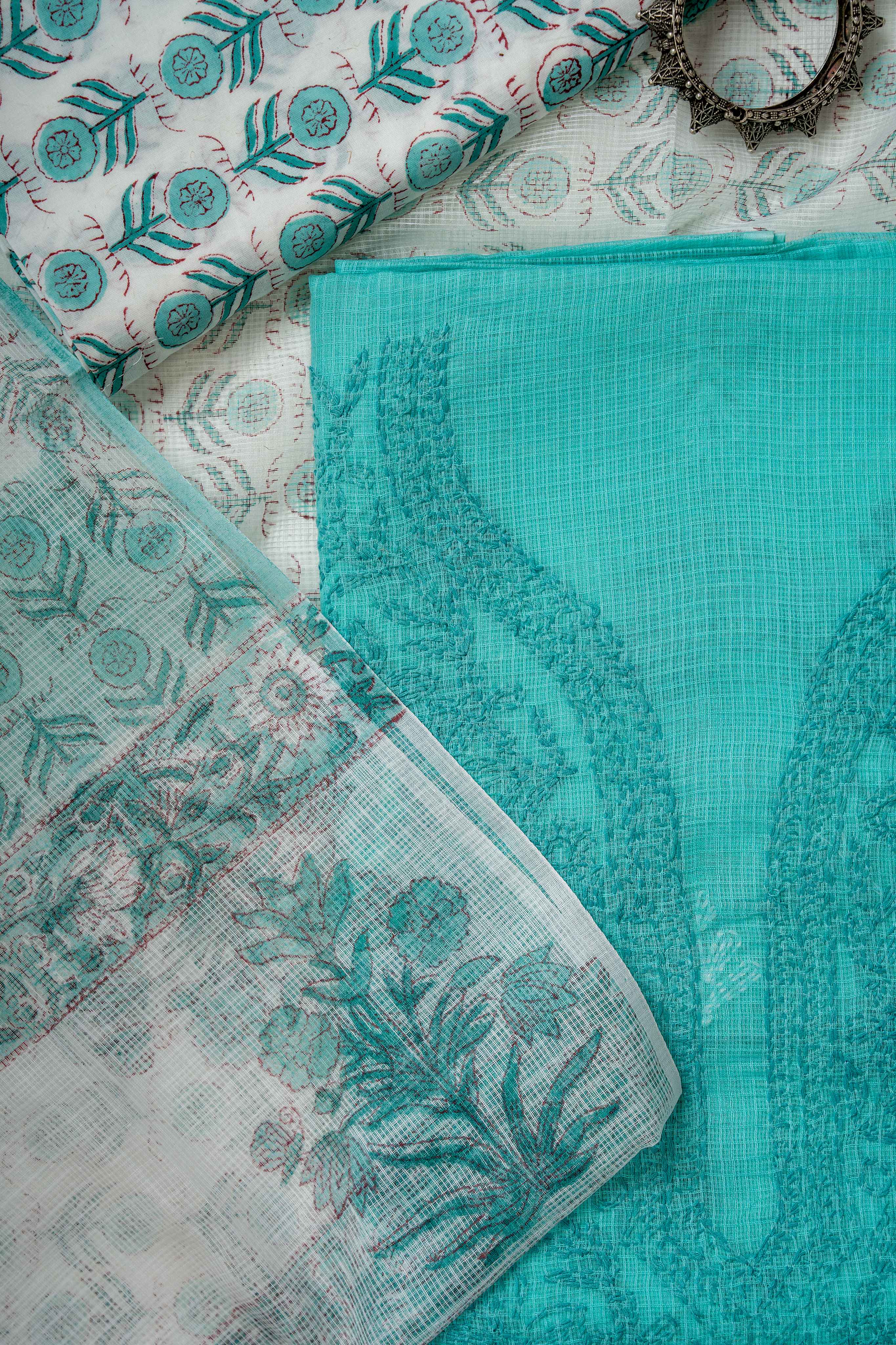 Soft Cyan and White Tepchi Work on Kota Doria Suit material