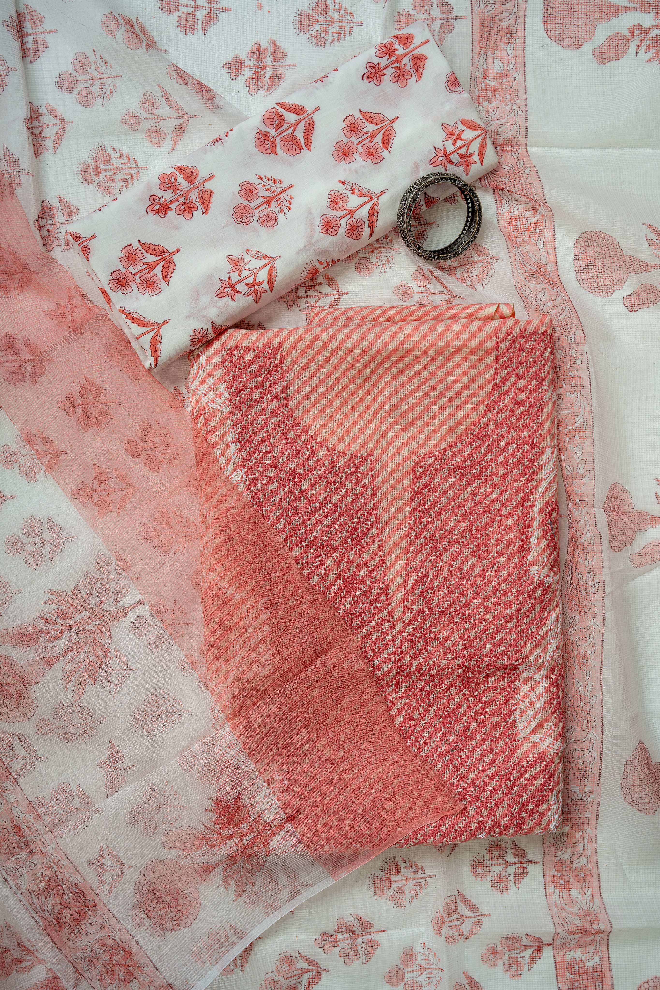 Light Coral and White Tepchi Work Kota Doria Suit Material