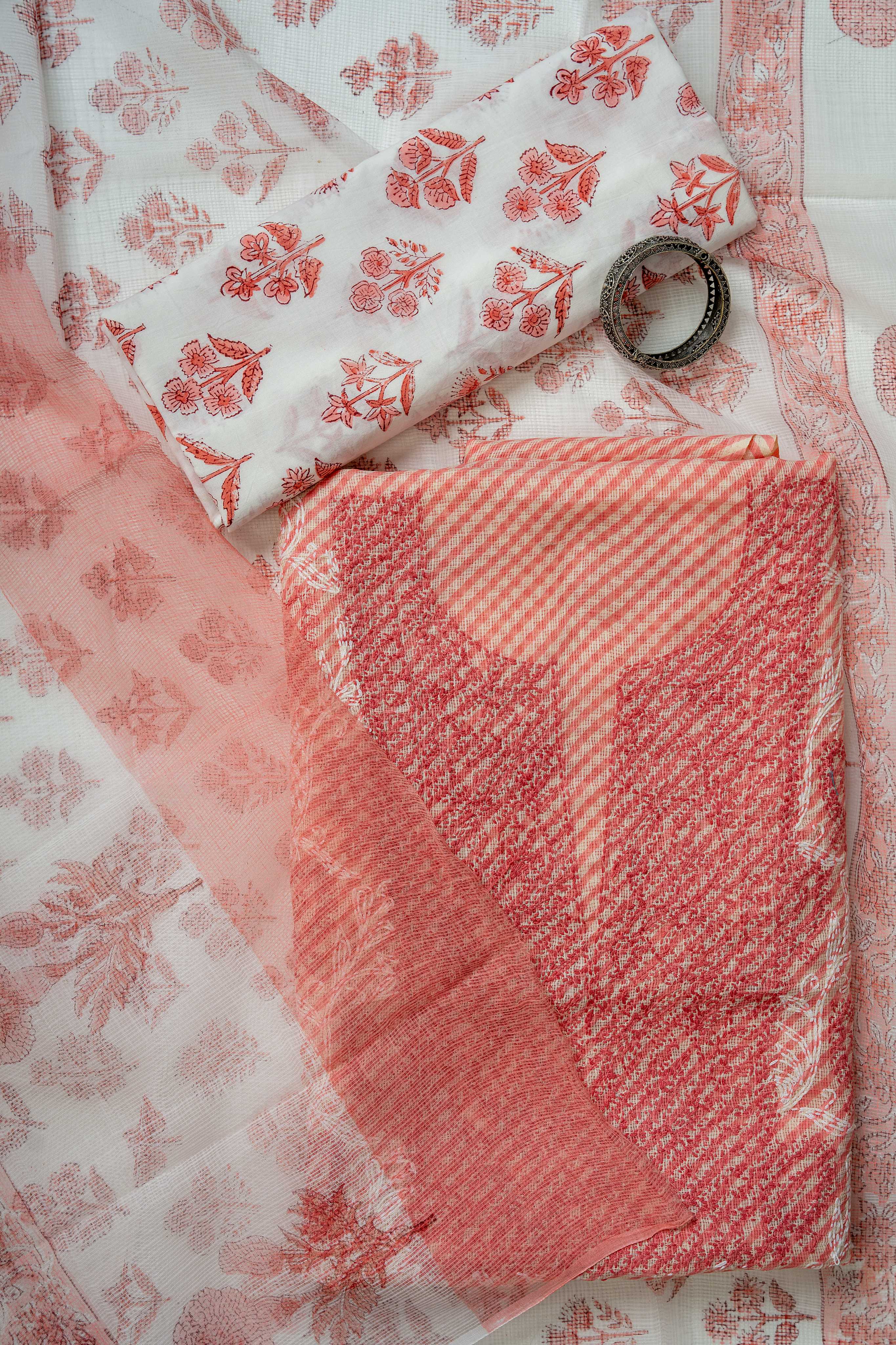 Light Coral and White Tepchi Work Kota Doria Suit Material