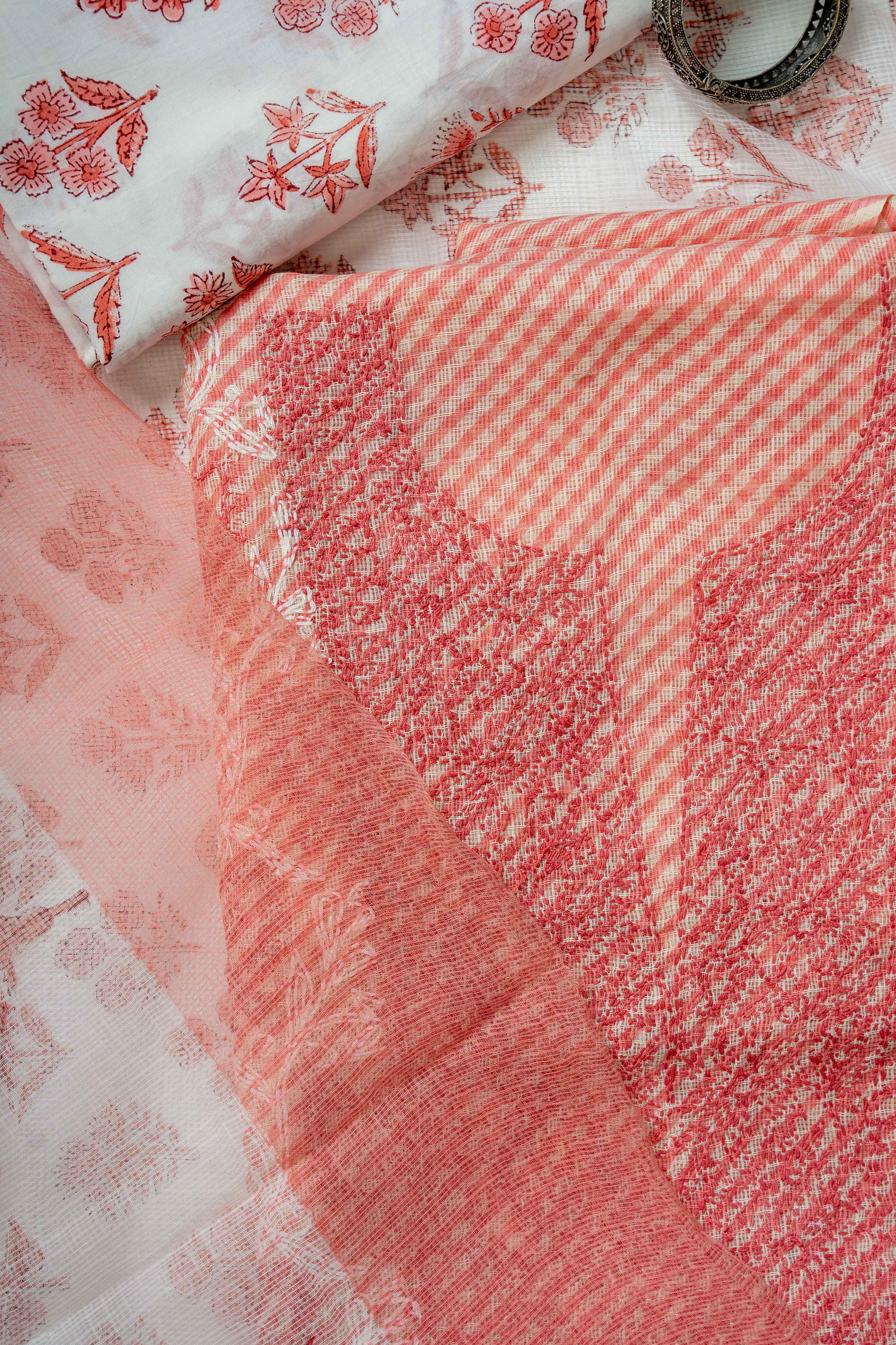 Light Coral and White Tepchi Work Kota Doria Suit Material