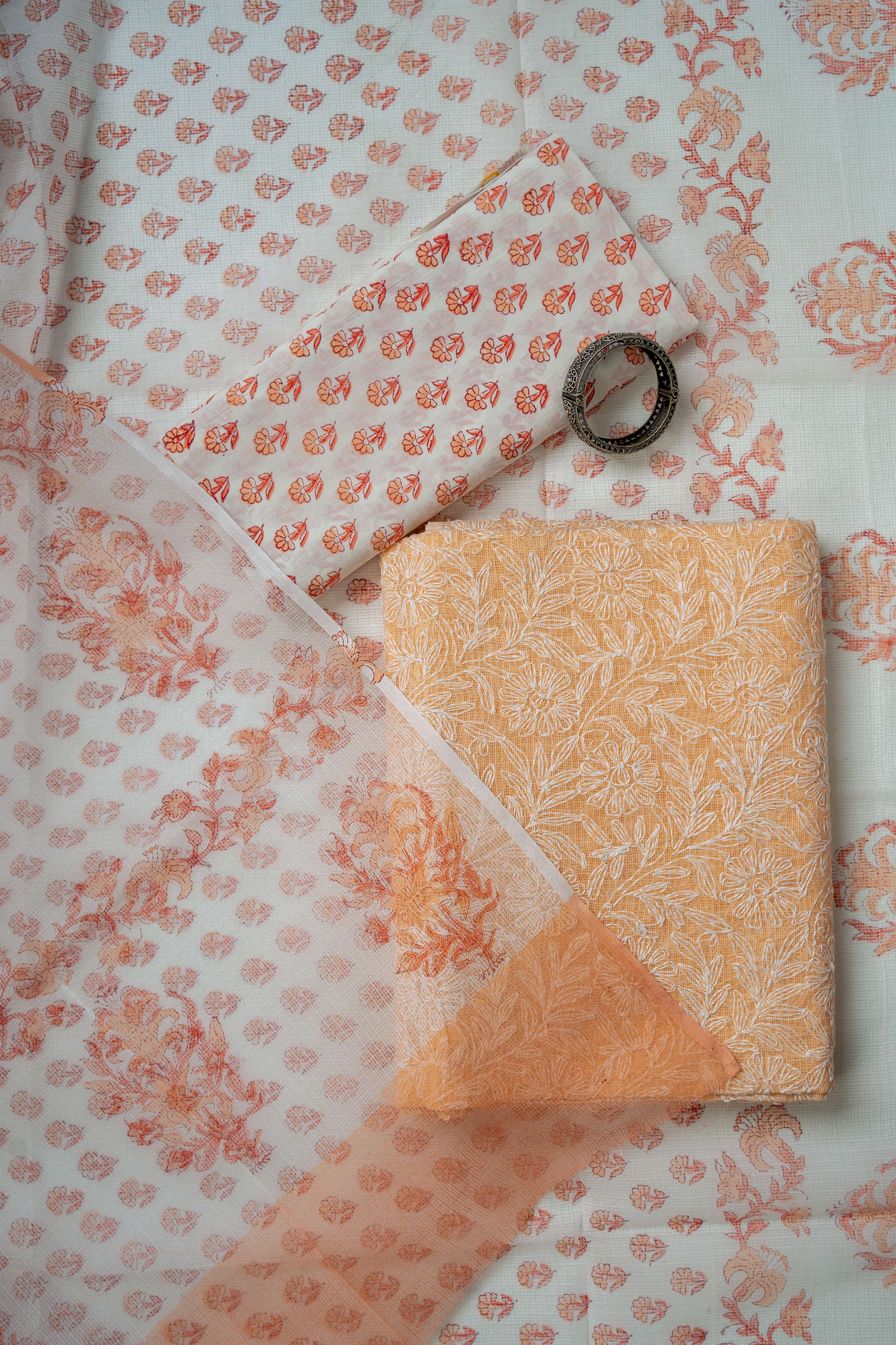 Peach color Tepchi work Kota Doria Kurta with Block Print Bottom and Duptta