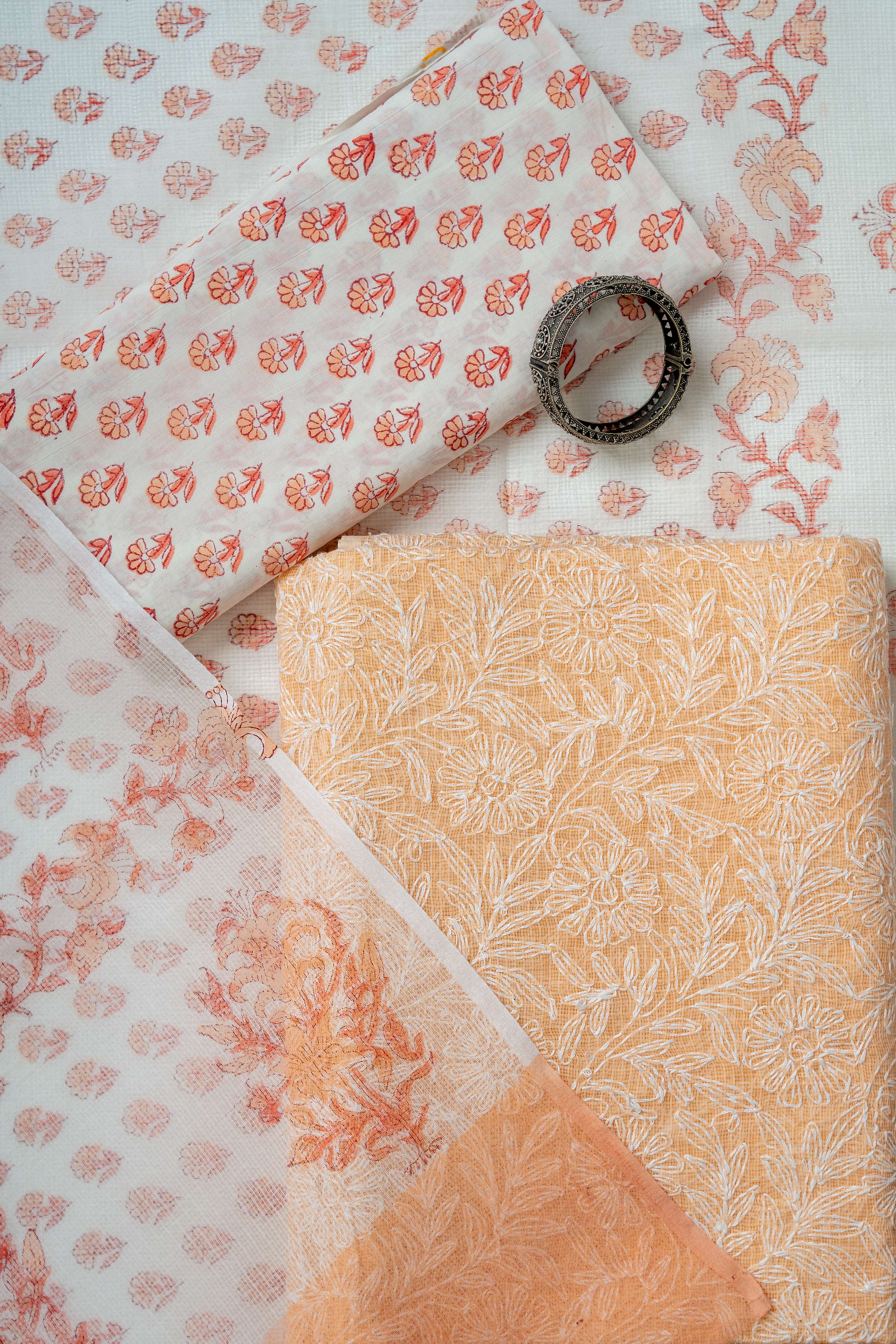 Peach color Tepchi work Kota Doria Kurta with Block Print Bottom and Duptta