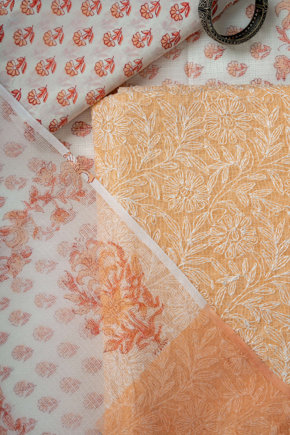 Peach color Tepchi work Kota Doria Kurta with Block Print Bottom and Duptta