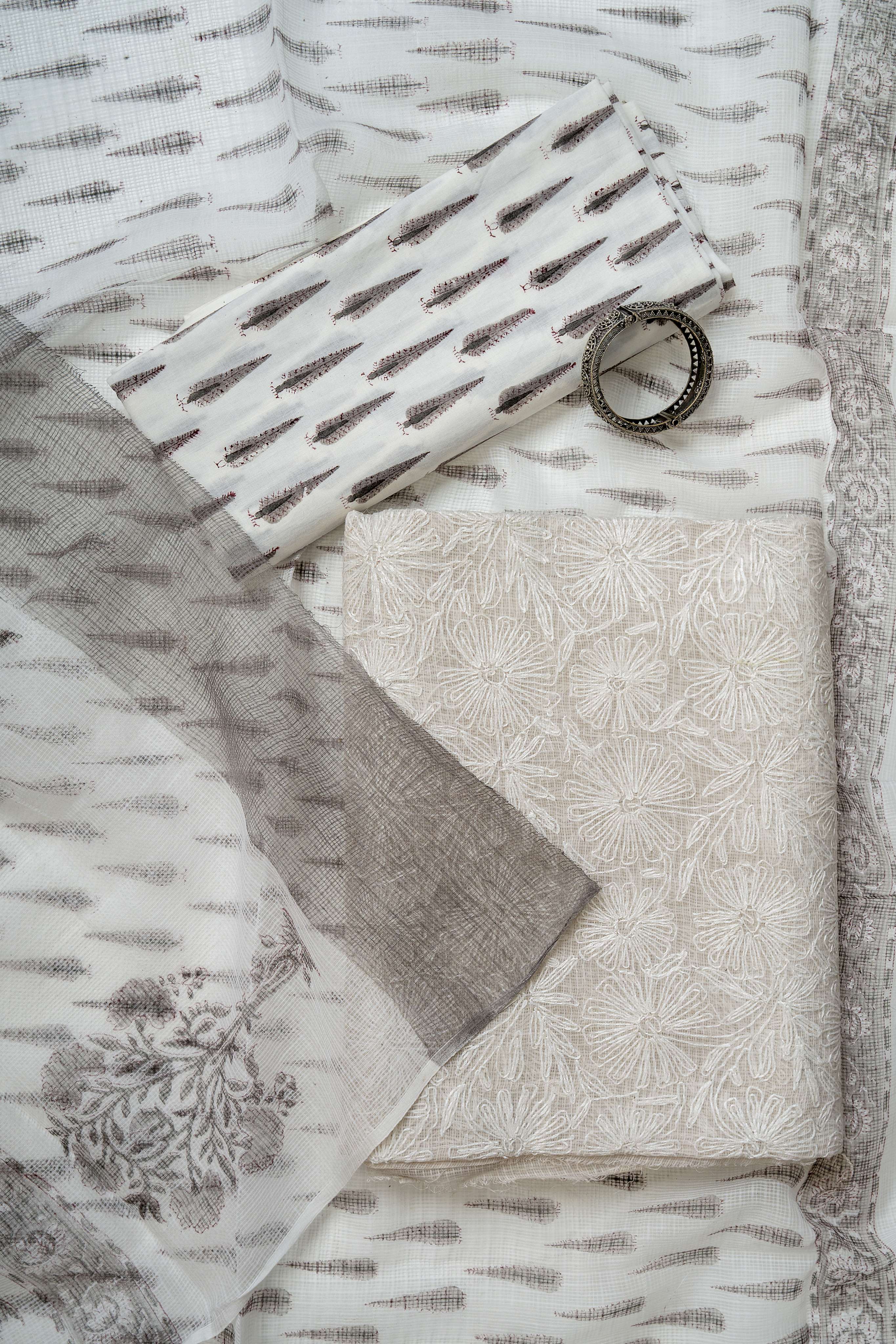 White and GreyTepchi work on kota doria kurta with block print bottom and dupatta