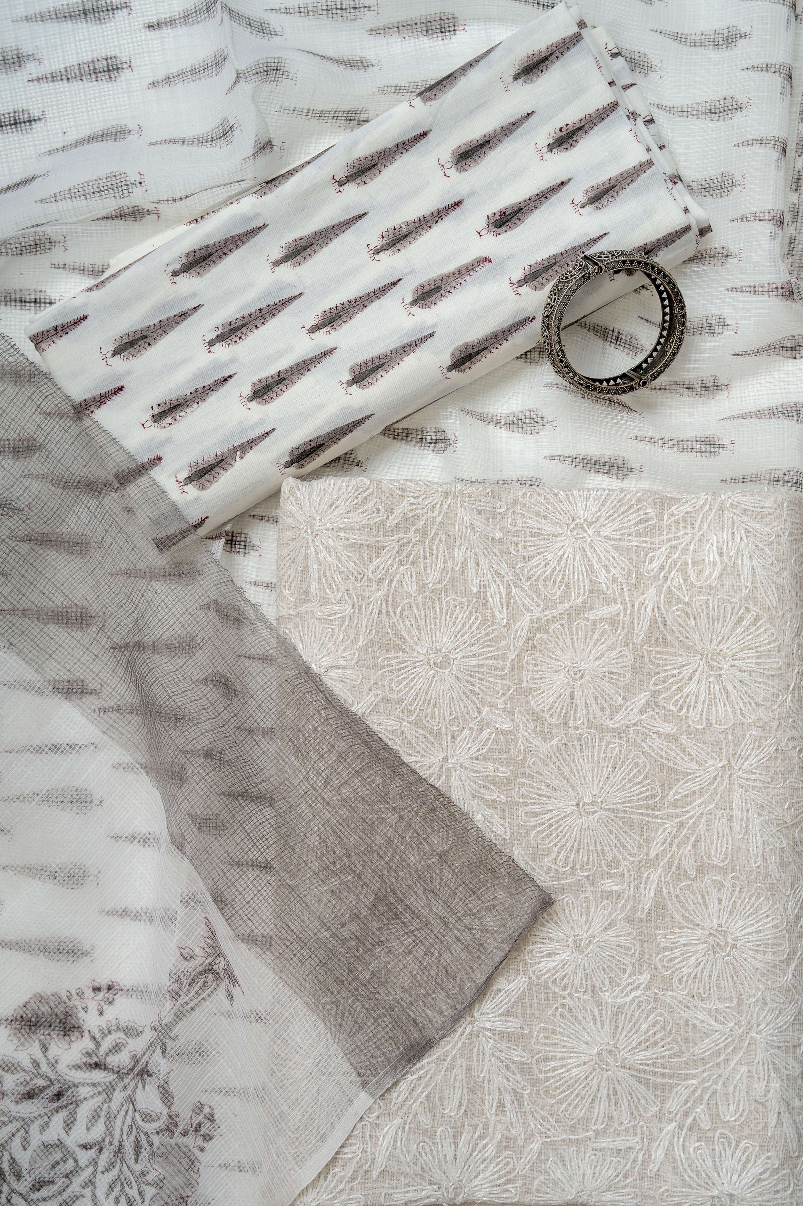 White and GreyTepchi work on kota doria kurta with block print bottom and dupatta
