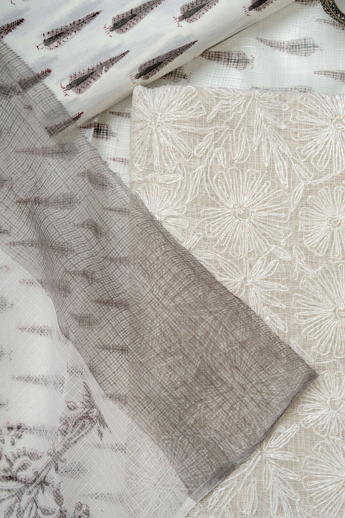 White and GreyTepchi work on kota doria kurta with block print bottom and dupatta