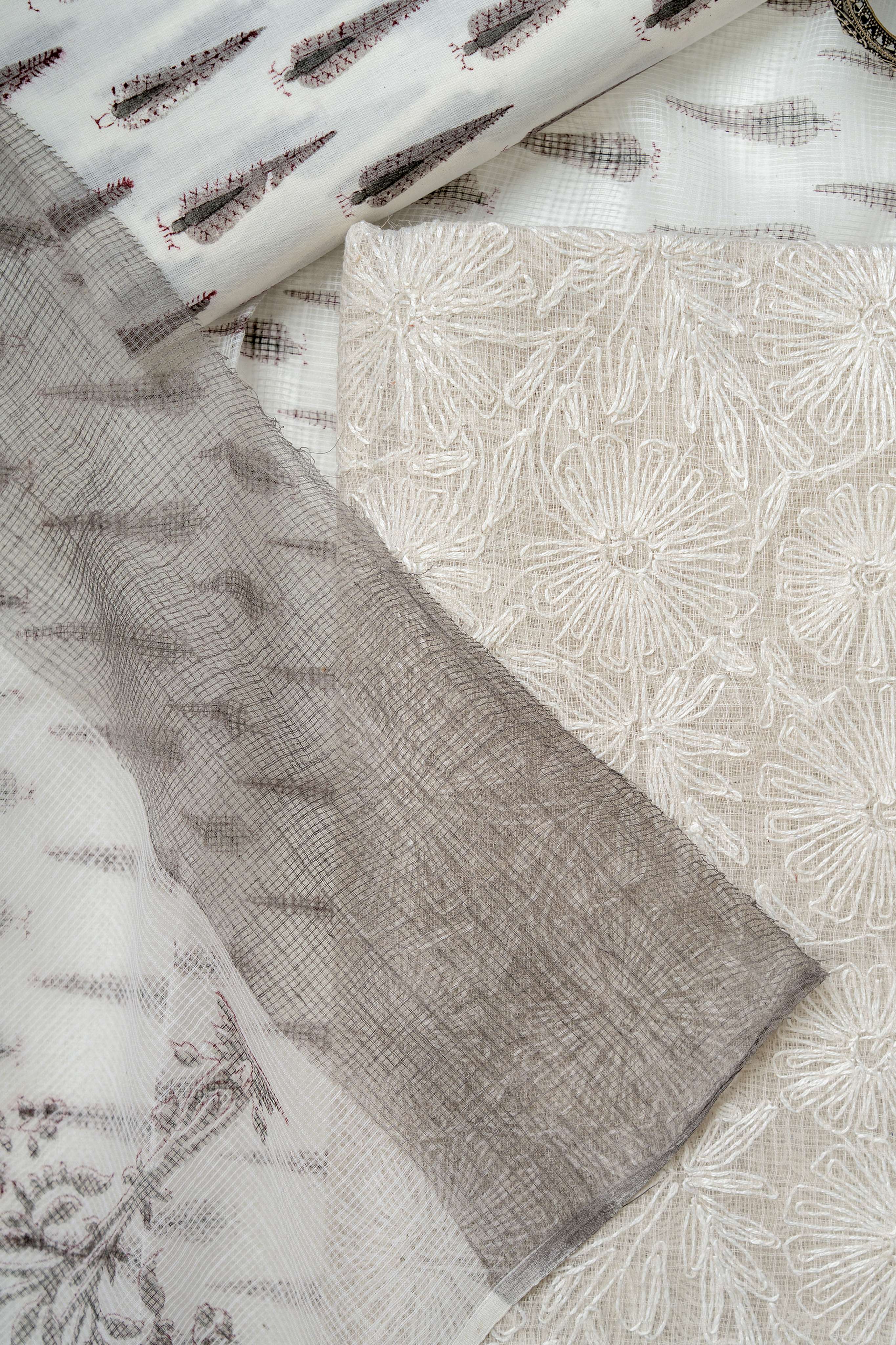 White and GreyTepchi work on kota doria kurta with block print bottom and dupatta