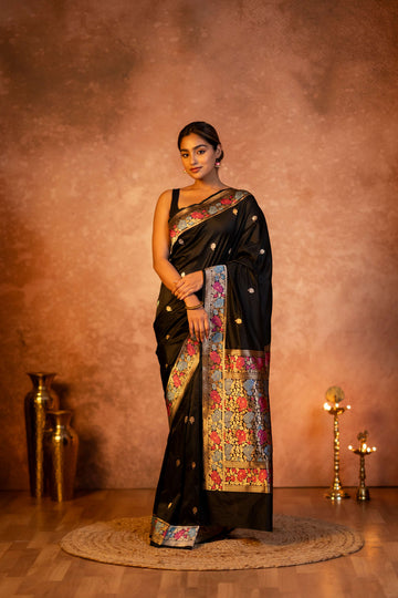 Black Pure Katan Silk Saree Multicolored Parsi Kadhwa Weaving