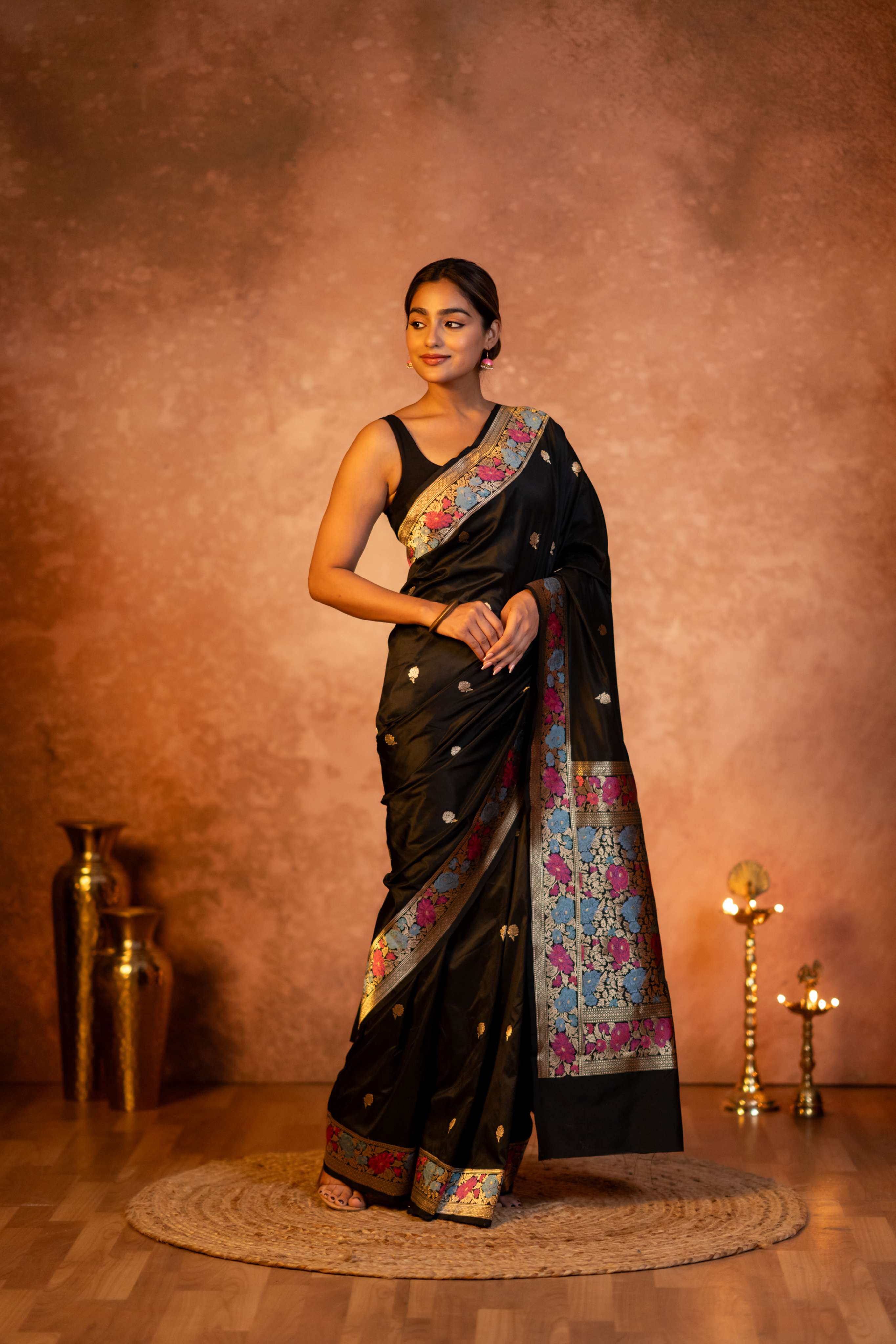 Black Pure Katan Silk Saree Multicolored Parsi Kadhwa Weaving