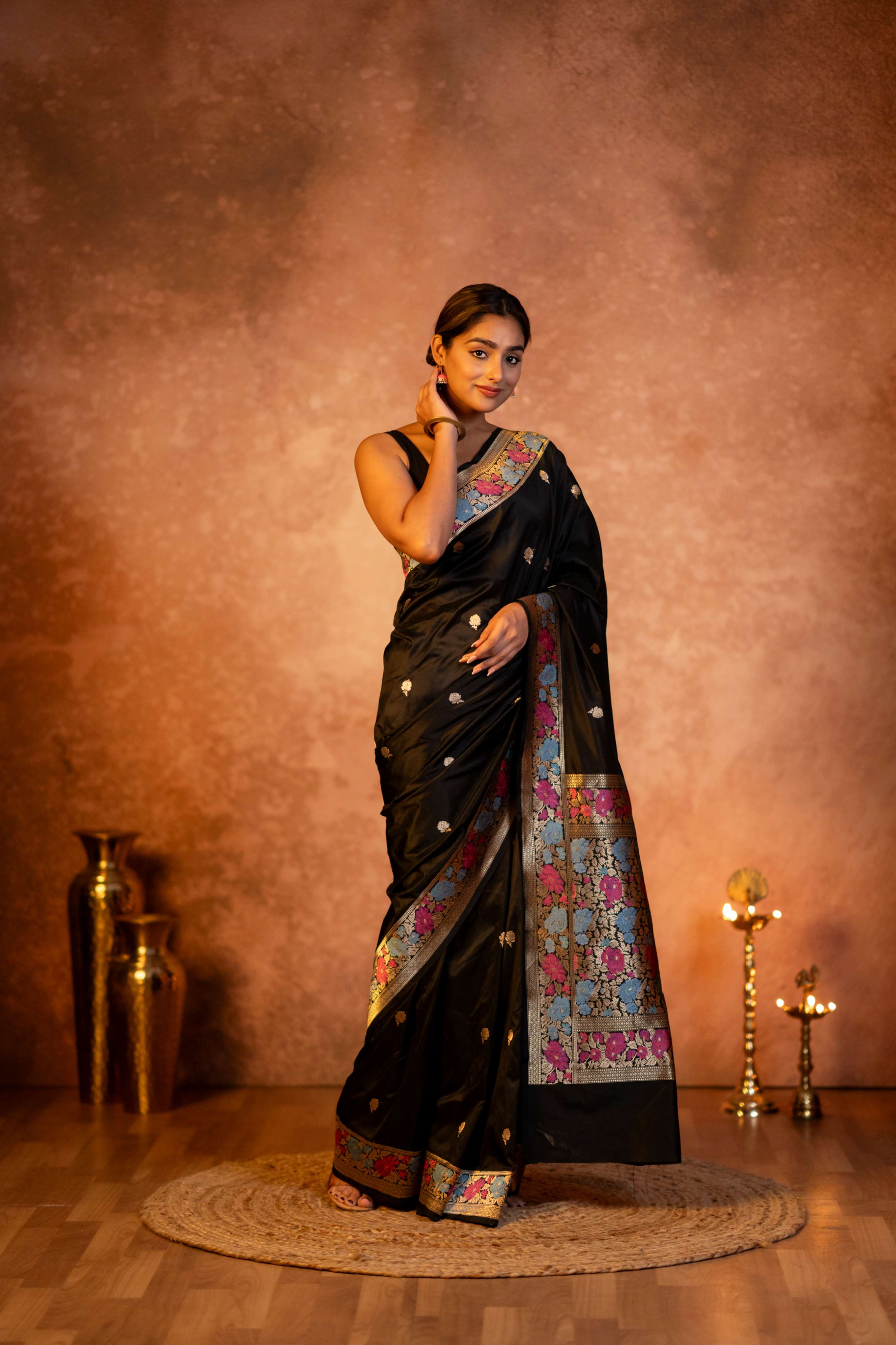 Black Pure Katan Silk Saree Multicolored Parsi Kadhwa Weaving