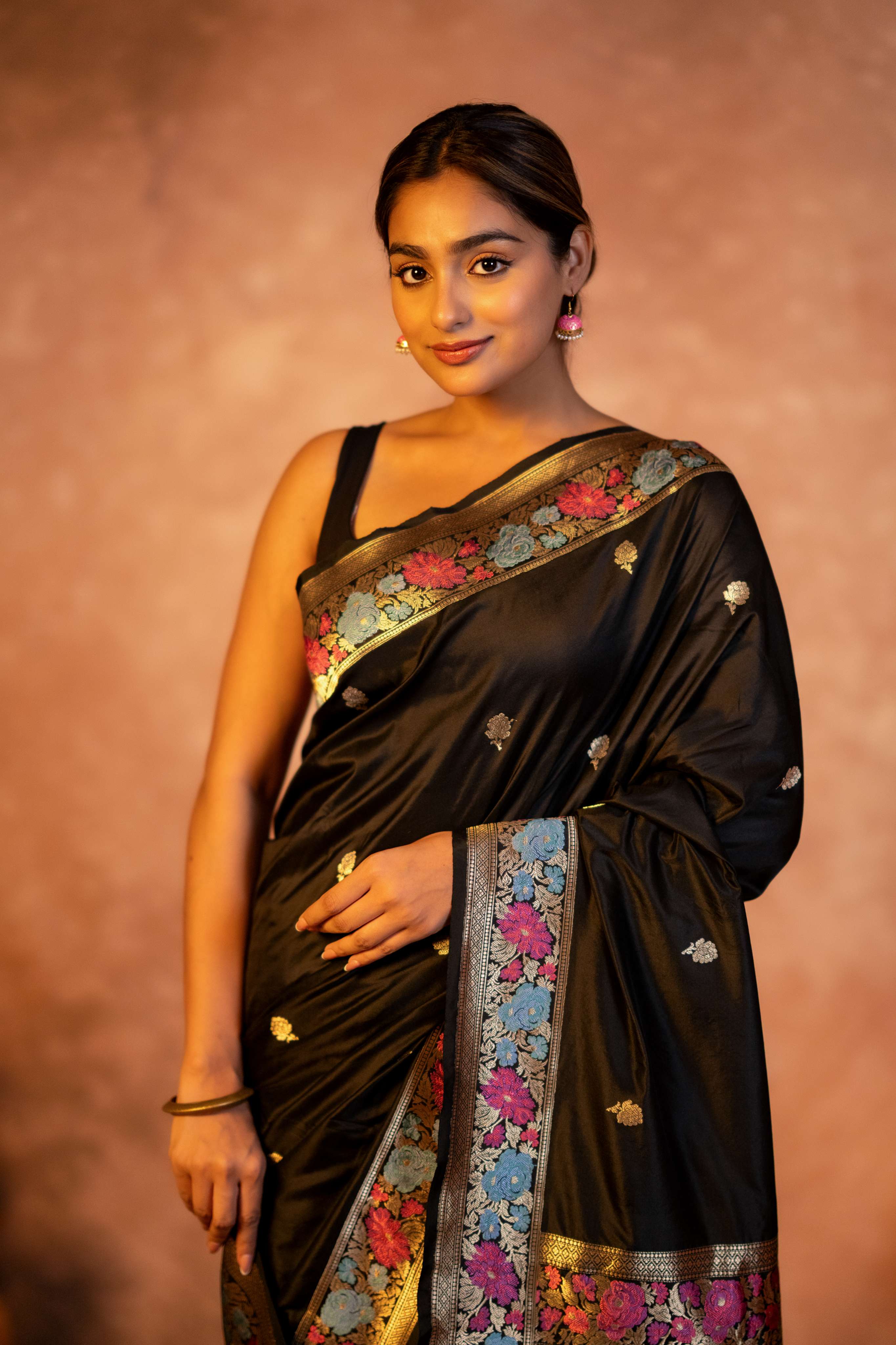 Black Pure Katan Silk Saree Multicolored Parsi Kadhwa Weaving