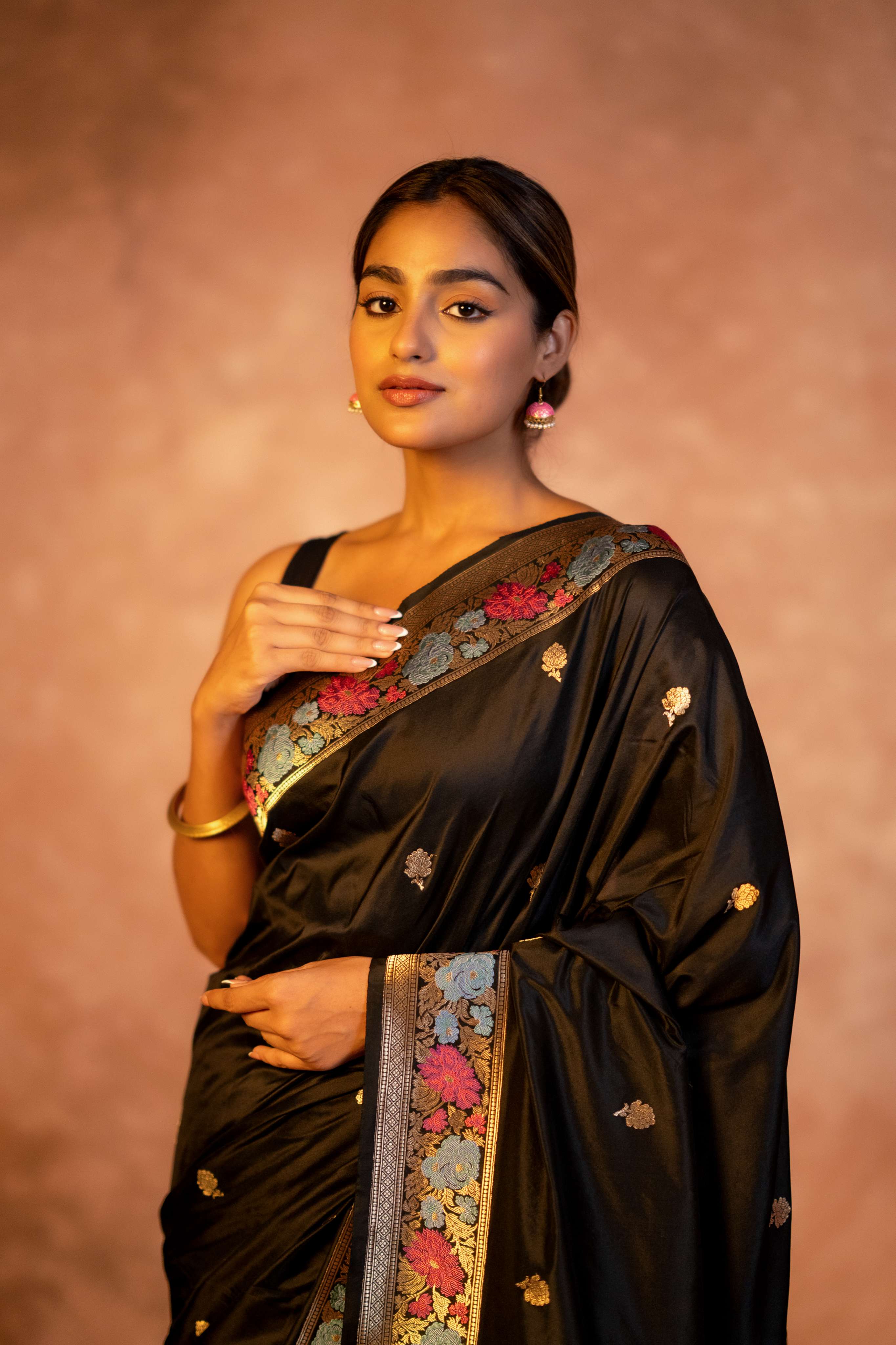 Black Pure Katan Silk Saree Multicolored Parsi Kadhwa Weaving