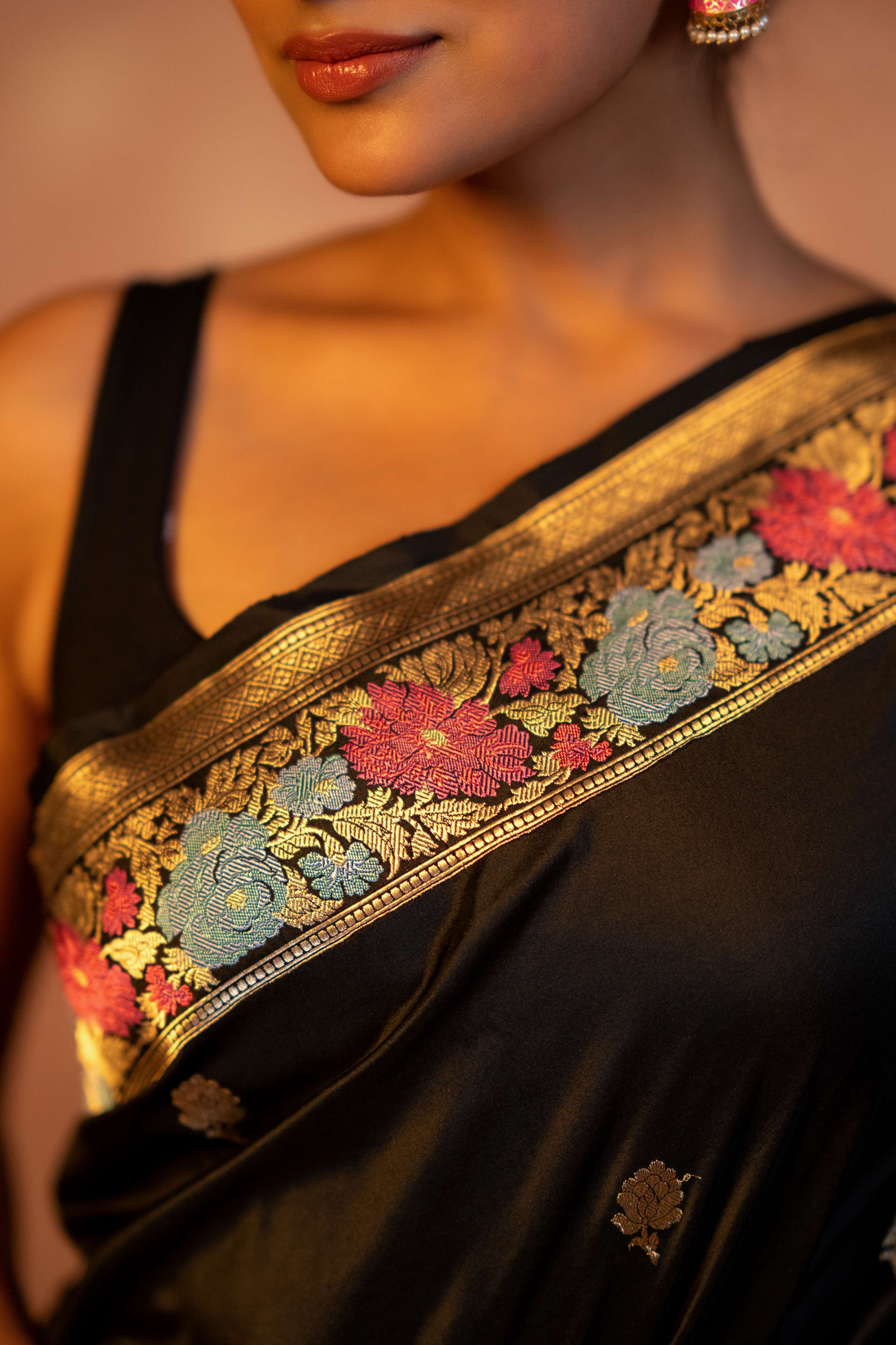 Black Pure Katan Silk Saree Multicolored Parsi Kadhwa Weaving