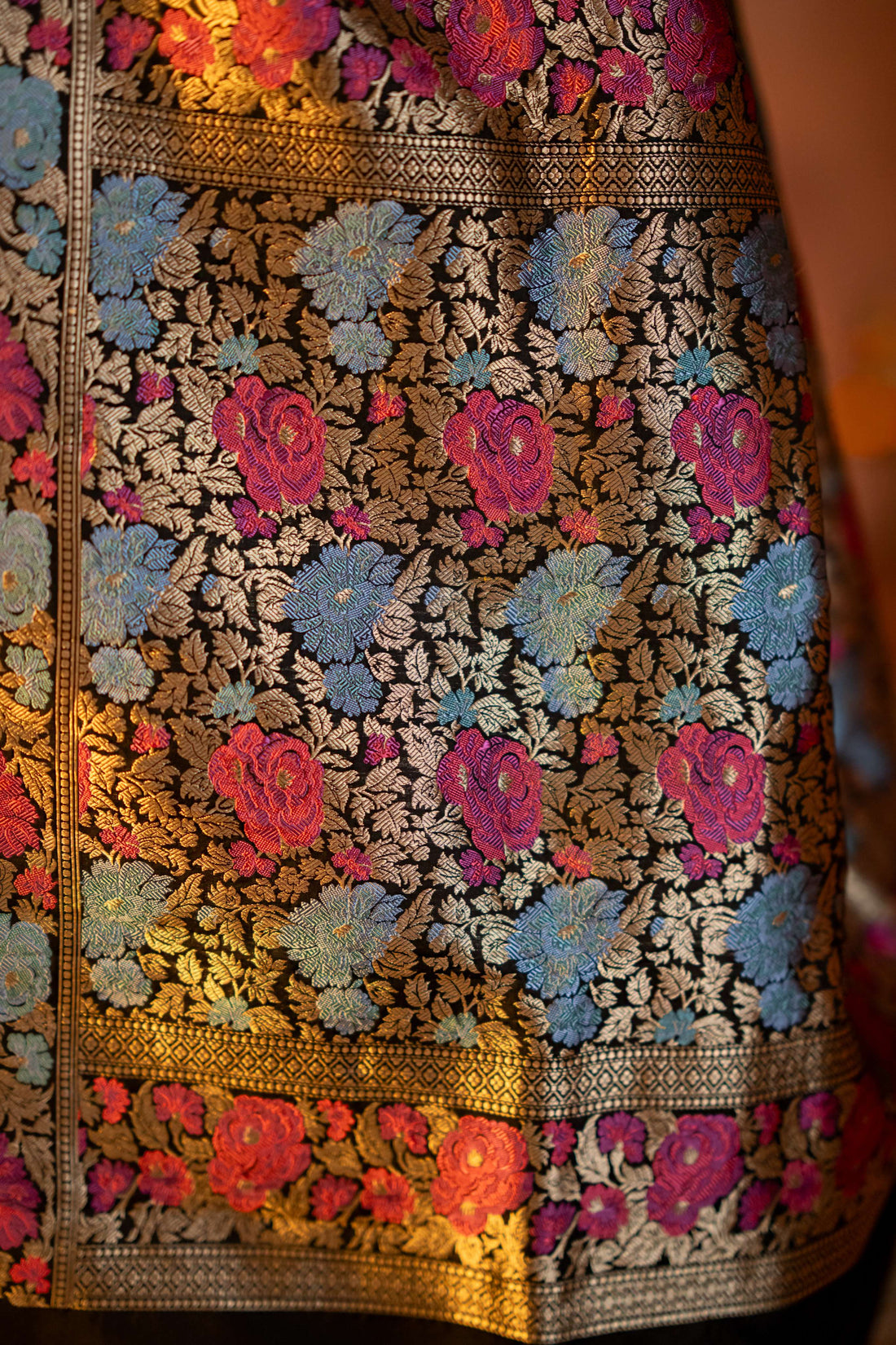 Black Pure Katan Silk Saree Multicolored Parsi Kadhwa Weaving