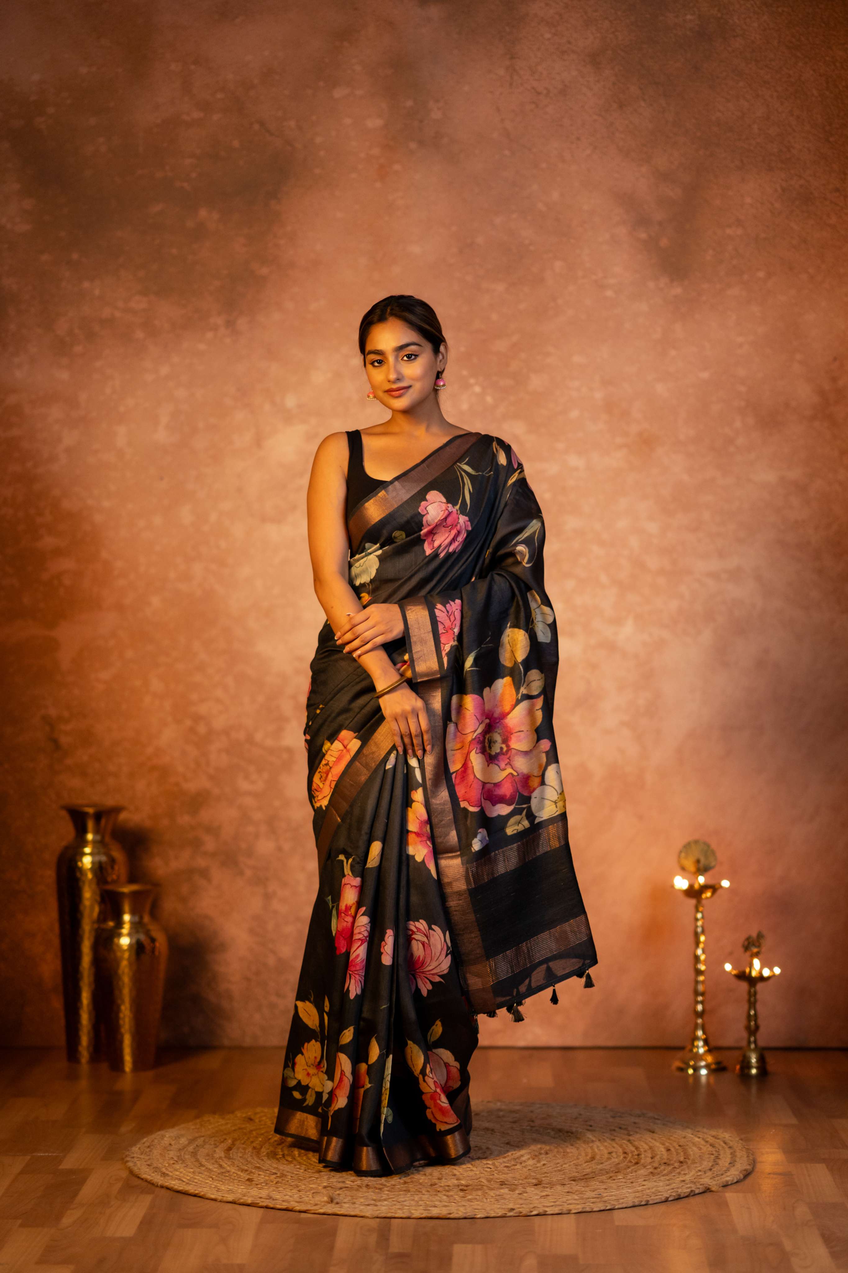 Black Digital  Floral Print with Tussar Pallu Pure Moonga Silk Saree
