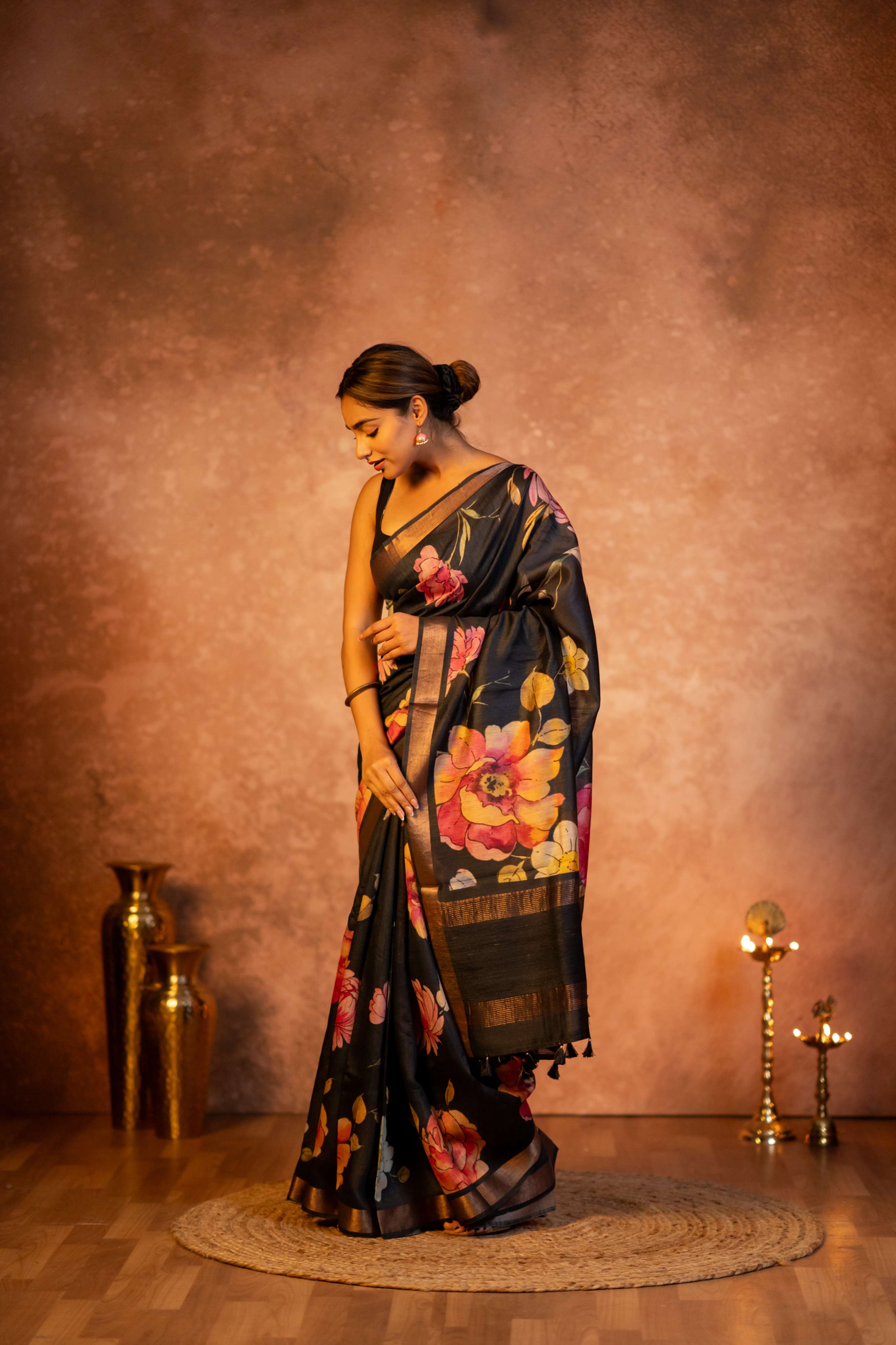 Black Digital  Floral Print with Tussar Pallu Pure Moonga Silk Saree