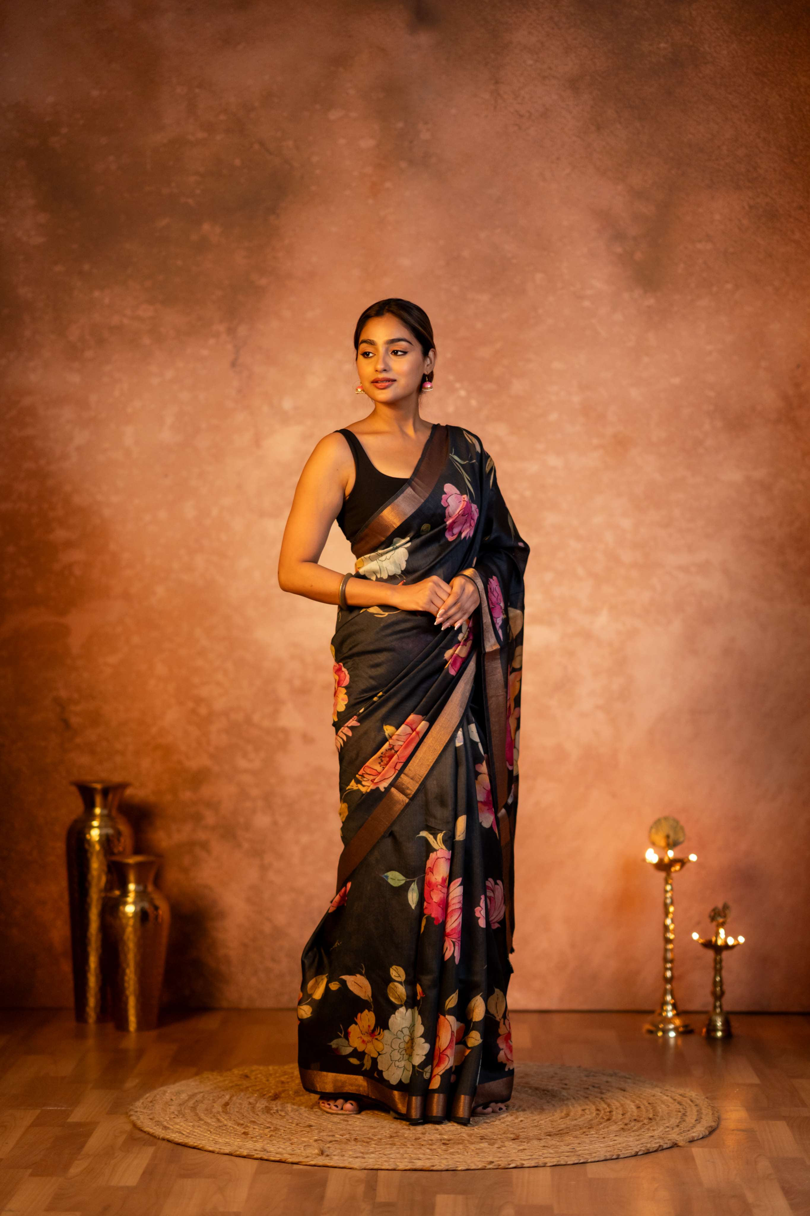 Black Digital  Floral Print with Tussar Pallu Pure Moonga Silk Saree