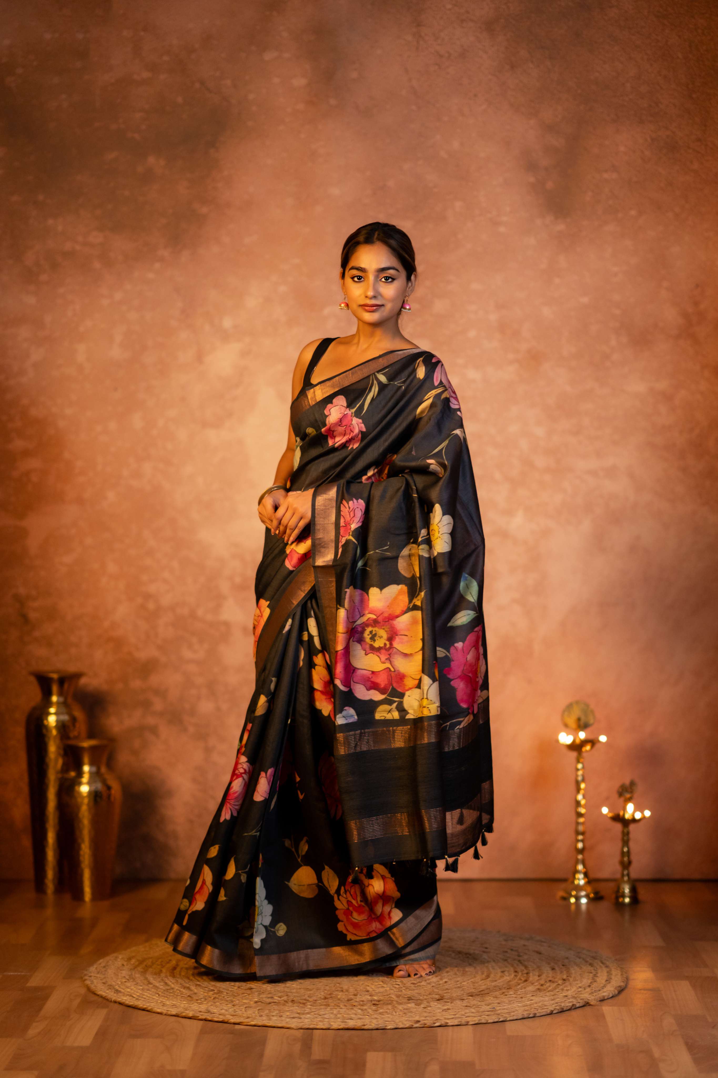Black Digital  Floral Print with Tussar Pallu Pure Moonga Silk Saree