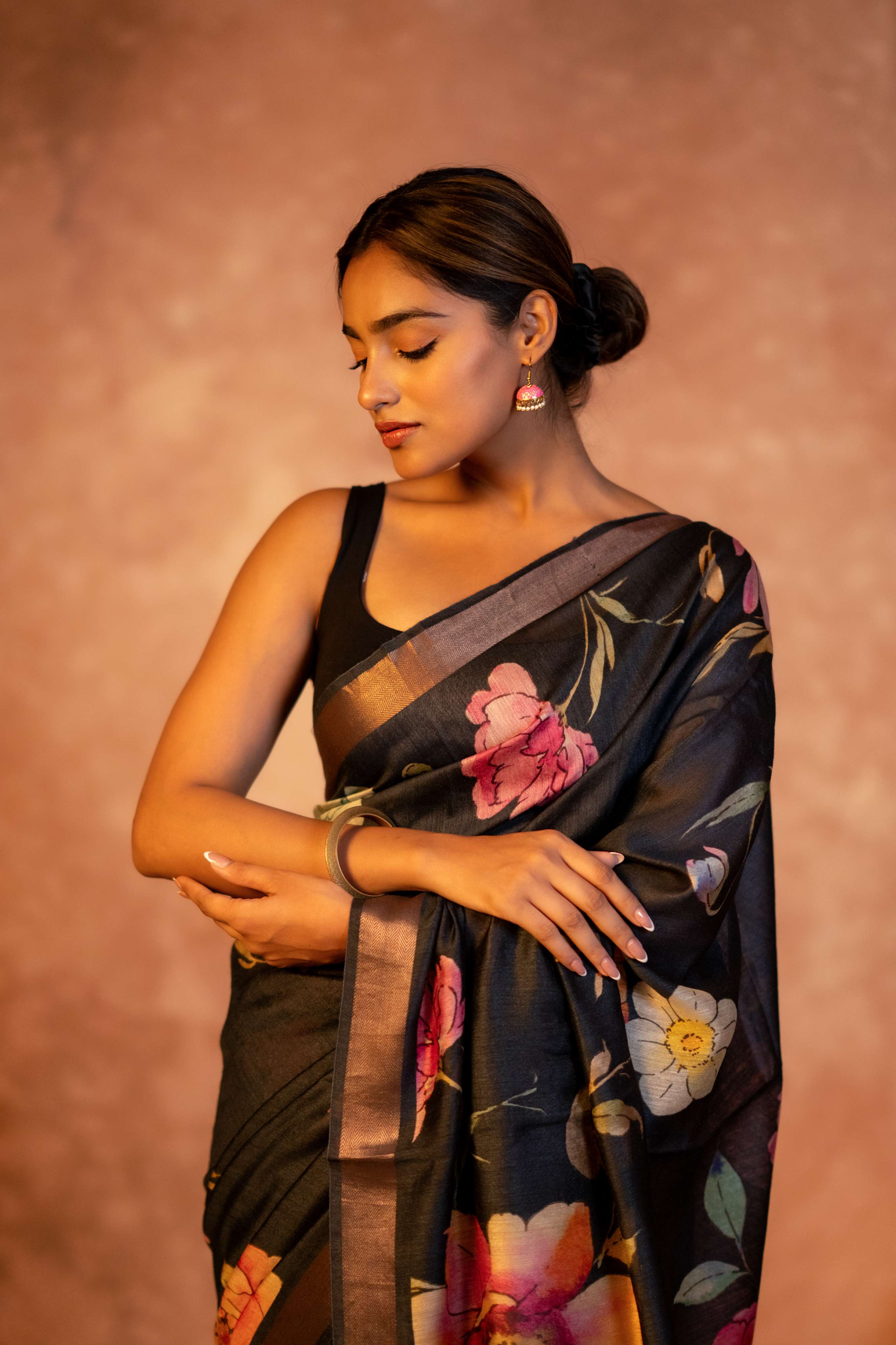 Black Digital  Floral Print with Tussar Pallu Pure Moonga Silk Saree