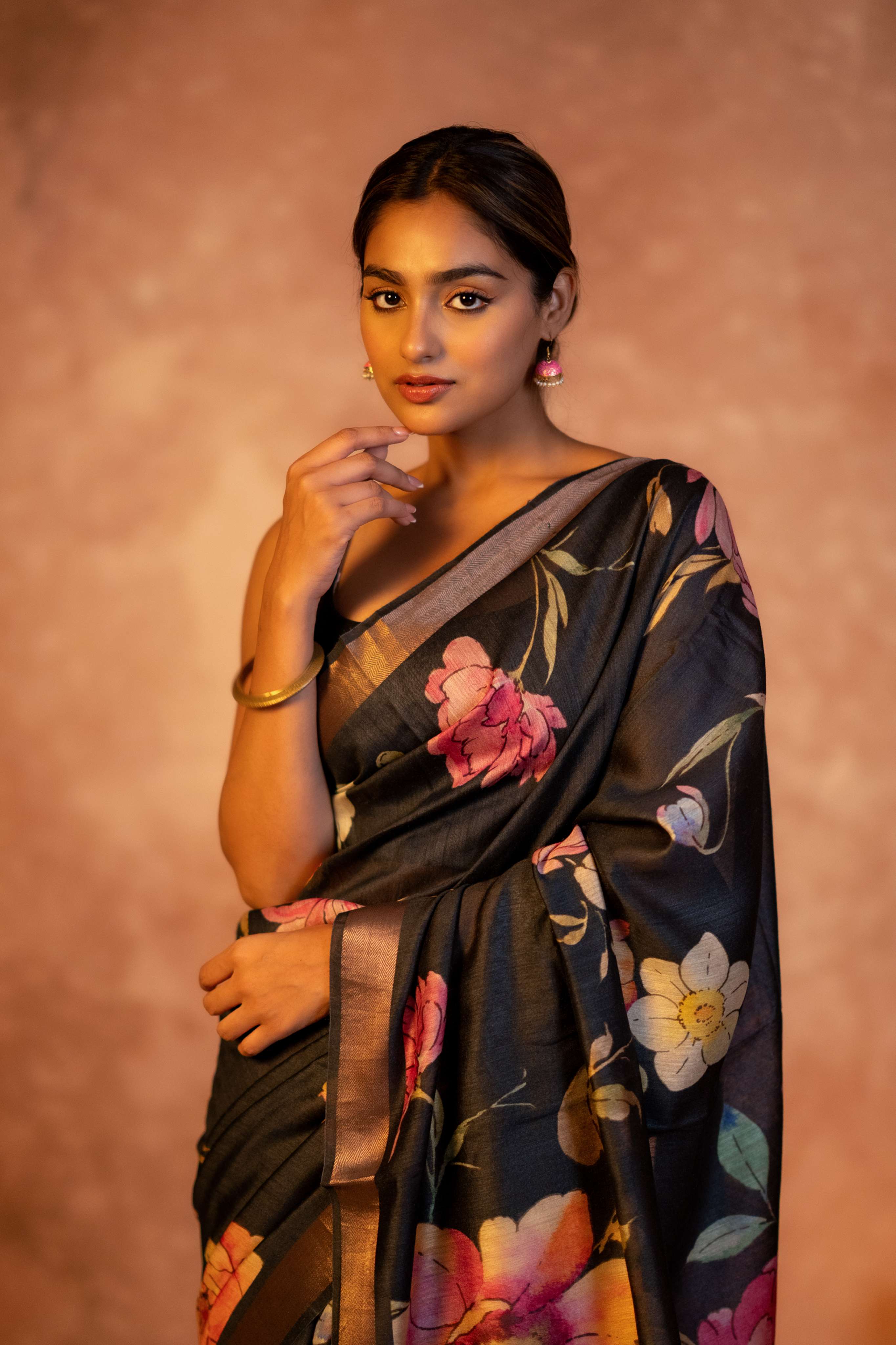 Black Digital  Floral Print with Tussar Pallu Pure Moonga Silk Saree