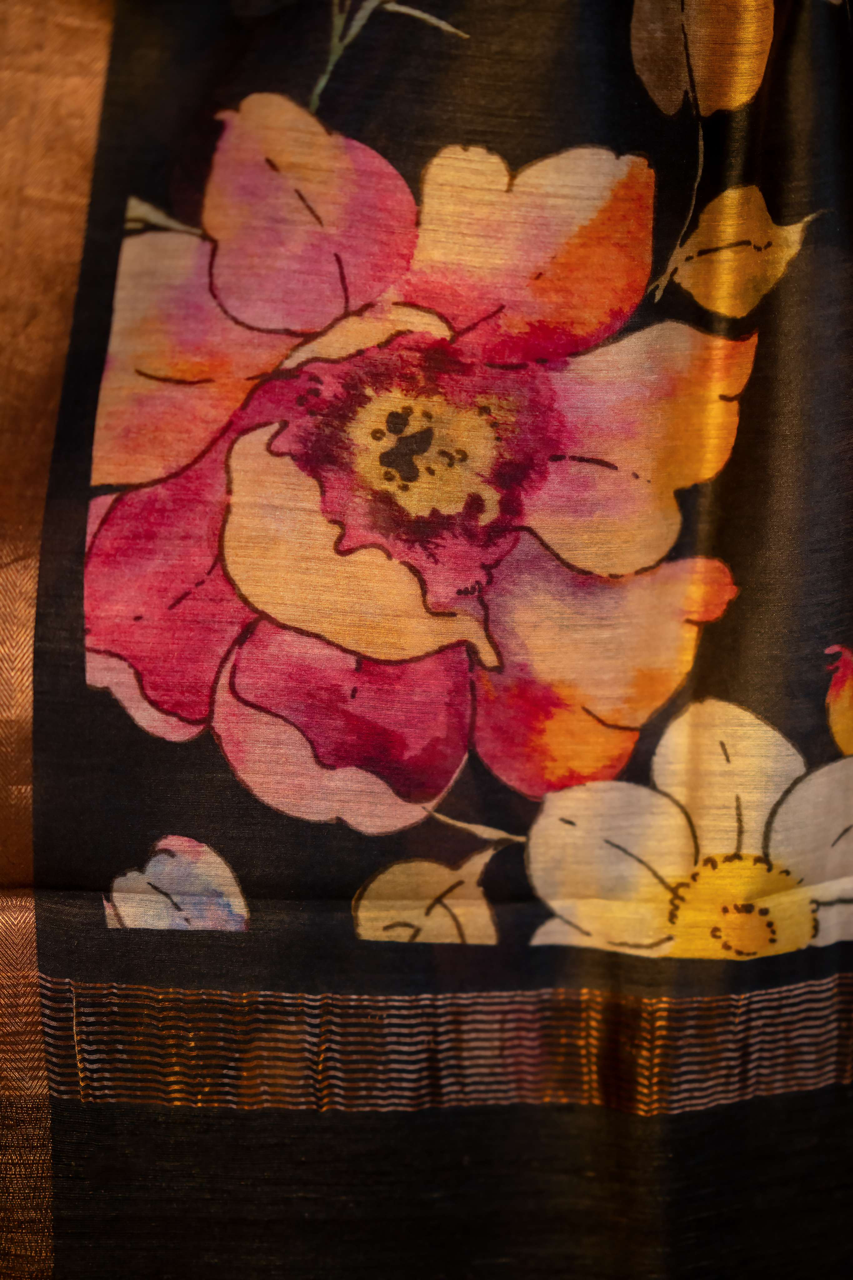 Black Digital  Floral Print with Tussar Pallu Pure Moonga Silk Saree